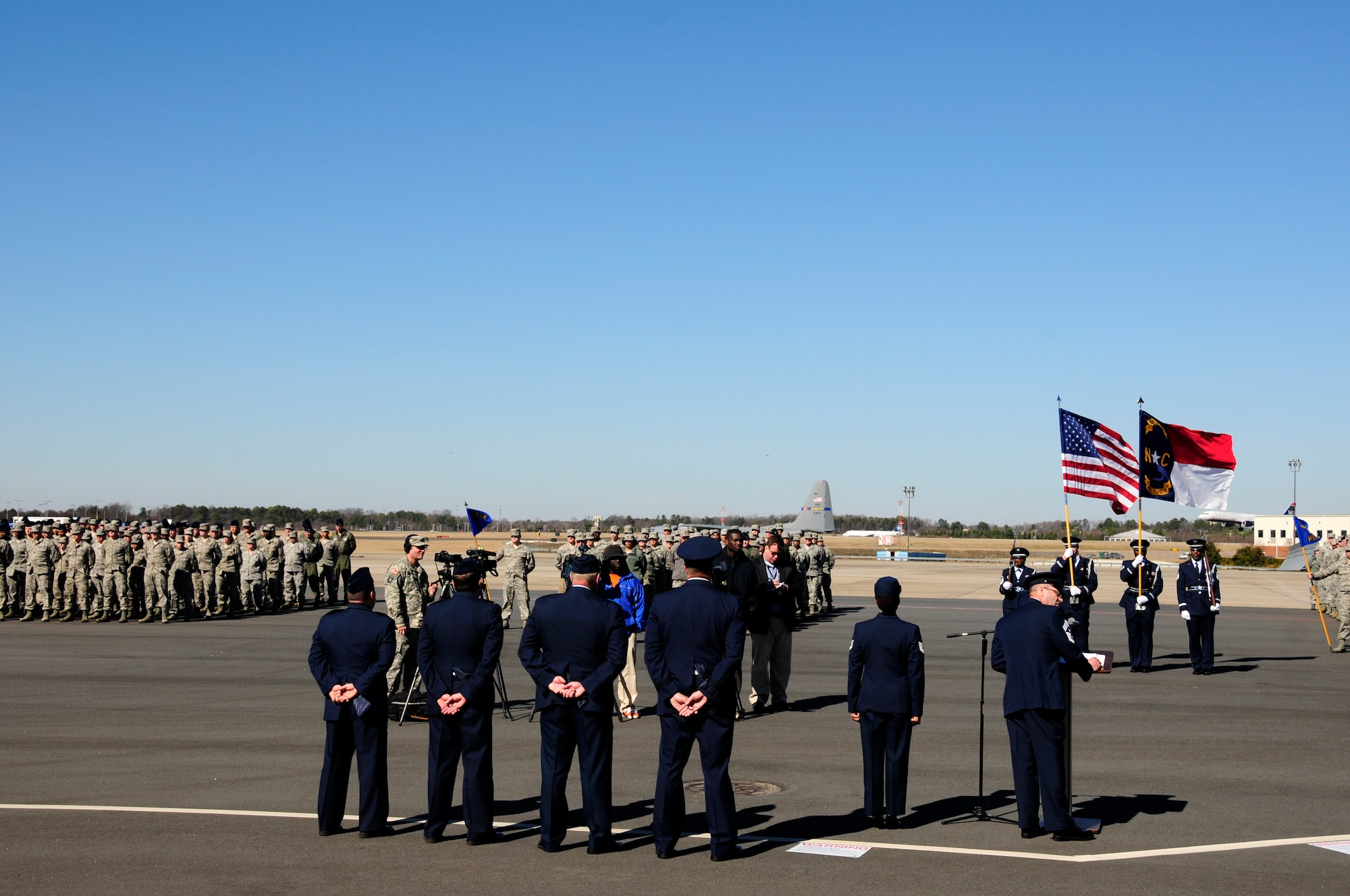 U.S. Air Force North Carolina Air National Guard State Command Chief Master Sgt. Michael D. Stanley addresses family and members of the 145th Airlift Wing during a Change of Authority ceremony held at the North Carolina Air National Guard Base, Charlotte Douglas Int’l. Airport, Feb. 8, 2015. Serving 33 years in the military, Stanley takes on the responsibility of State Command Chief, the highest enlisted position in the North Carolina Air National Guard. (U.S. Air National Guard photo by Senior Airman Laura Montgomery, 145th Public Affairs/Released)