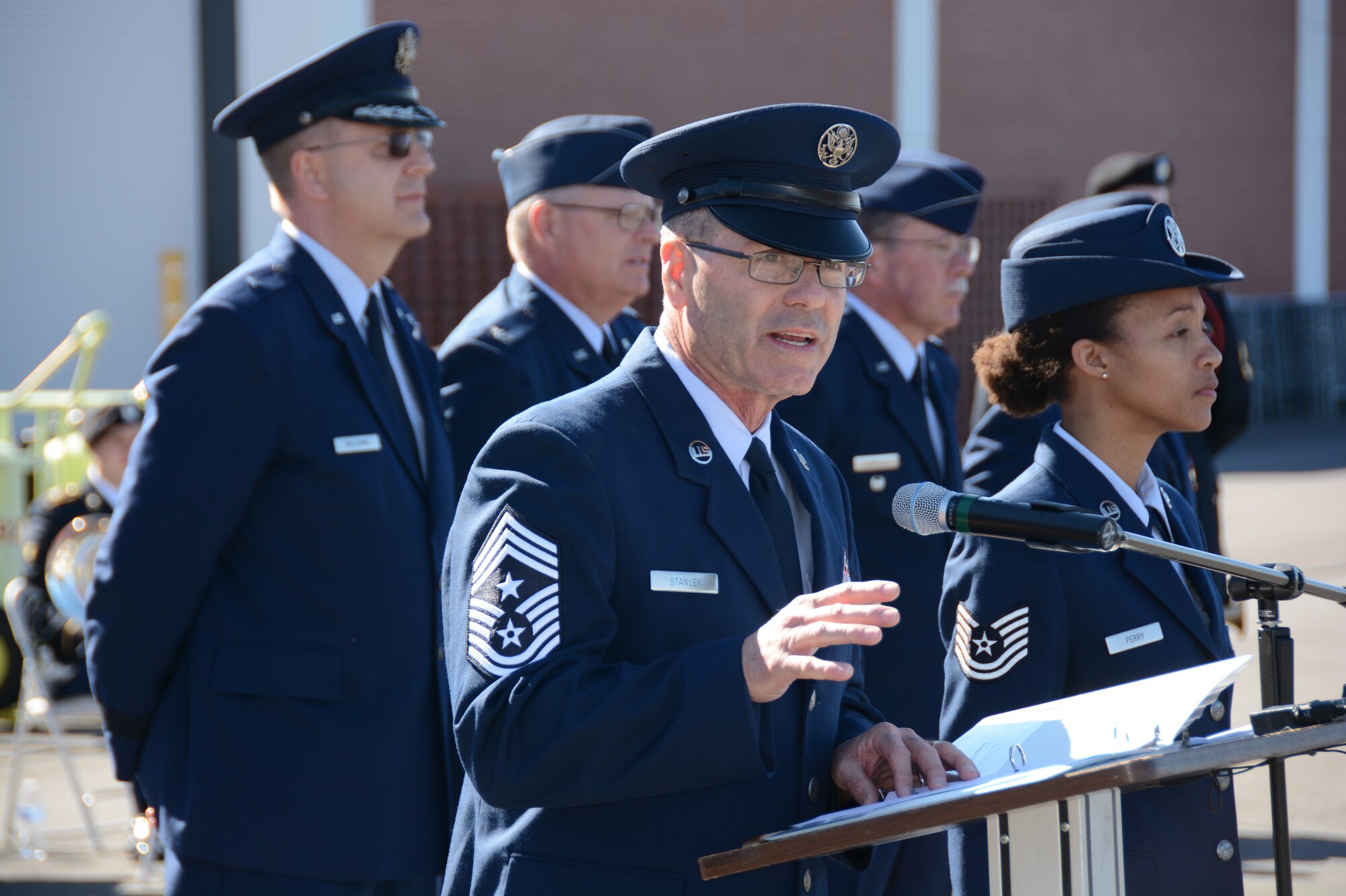 U.S. Air Force State Command Chief Master Sgt. Michael D. Stanley addresses family and members of the 145th Airlift Wing during a Change of Authority ceremony held at the North Carolina Air National Guard base, Charlotte Douglas Int’l. Airport, Feb. 8, 2015. Serving 33 years in the military, Stanley takes on the responsibility of North Carolina Air National Guard Command Chief, the highest enlisted position in the NCANG. (U.S. Air National Guard photo by Master Sgt. Rich Kerner, 145th Public Affairs/Released)