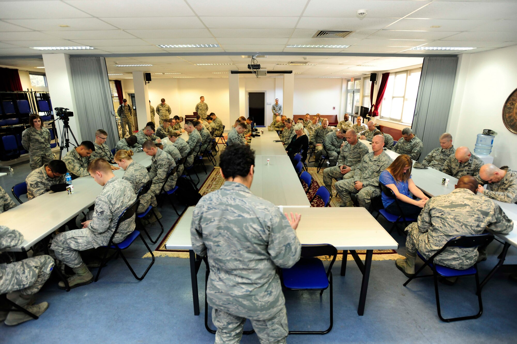 Maj. Eusebia Rios, 39th Air Base Wing deputy wing chaplain, gives the invocation during an Air Force Assistance Fund kickoff breakfast March 24, 2015, at Incirlik Air Base, Turkey. This year Incirlik AB is trying to raise up to $60,000 in donations for the AFAF affiliated charities. (U.S. Air Force photo by Senior Airman Krystal Ardrey/Released)
