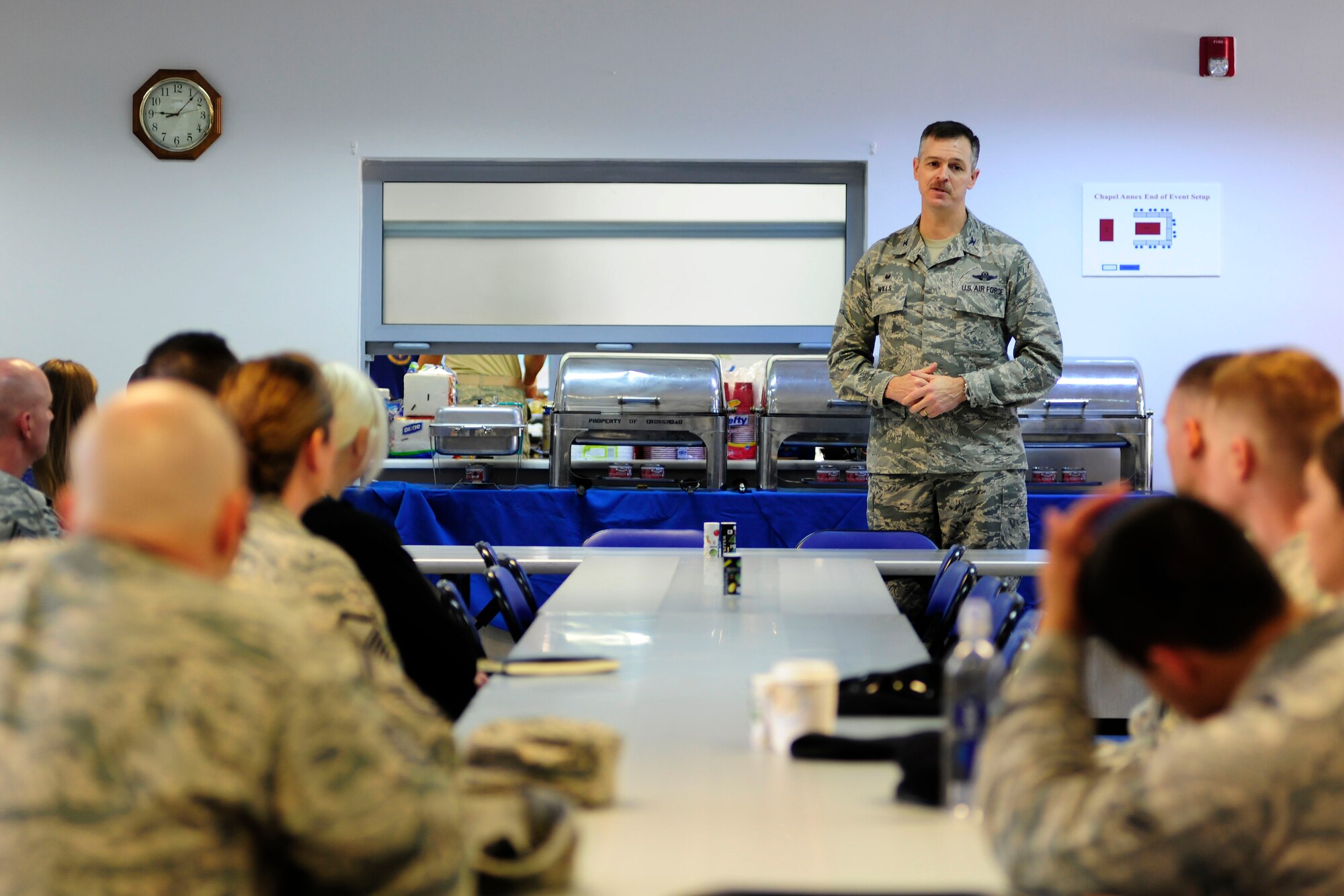 Col. Craig Wills, 39th Air Base Wing commander, gives opening remarks during an Air Force Assistance Fund kickoff breakfast March 24, 2015, at Incirlik Air Base, Turkey. The AFAF is one of two approved Air Force-level fundraisers, and raises funds for The Air Force Aid Society, Air Force Village Foundation, Air Force Enlisted Village and the General and Mrs. Curtis E. LeMay Foundation. (U.S. Air Force photo by Senior Airman Krystal Ardrey/Released)