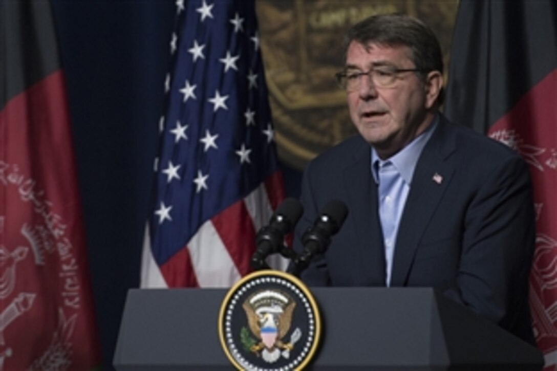 U.S. Defense Secretary Ash Carter speaks during a joint press conference on Camp David, Md., with Secretary of State John Kerry, Afghan President Ashraf Ghani and Chief Executive Abdullah Abdullah, March 23, 2015.