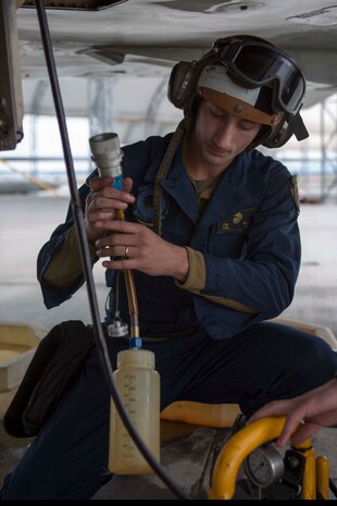 Lance Cpl. Cameron Miller, a powerliner with Marine All-Weather Fighter Attack Squadron 225, services the variable exhaust nozzle on an F/A-18D Hornet aboard Marine Corps Air Station Iwakuni, Japan, March 20, 2015. VMFA(AW)-225 is currently station aboard MCAS Iwakuni as part of the Unit Deployment Program.
