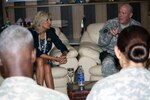 Dr. Jill Biden, wife of Vice President Joe Biden, talks with soldiers from the Texas Army National Guard on Camp Prosperity in Baghdad, July 5, 2010. Biden held a roundtable discussion with Guard members as an opportunity to hear their family concerns.