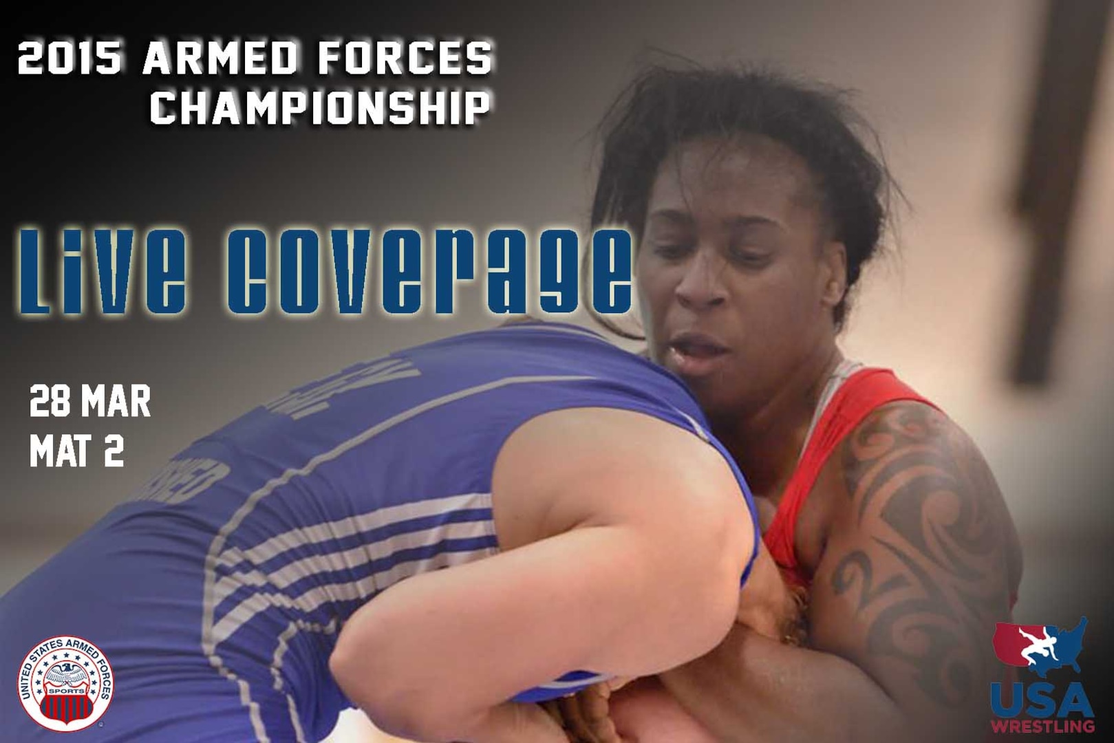 Armed Forces Championships Live - Day 2 Mat 2
Scheduled for Mar 28, 2015

Live stream of mat 2 of the 2015 Armed Forces Championships at Fort Carson in Colorado Springs, Colo. on March 28. 

https://www.youtube.com/watch?v=uU6loBBnrew
