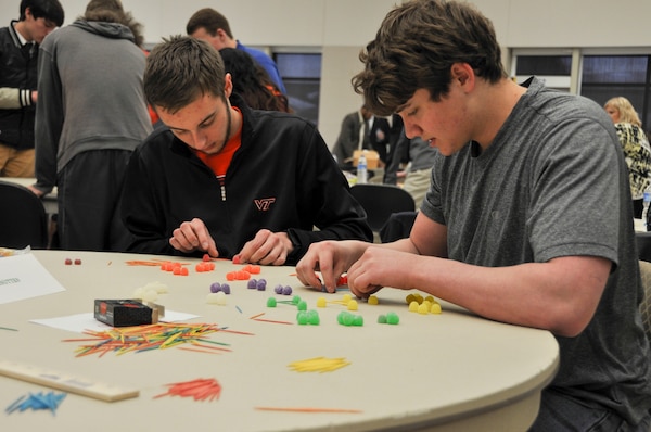 WINCHESTER, Va. - Students from local high schools make plans to construct a water tower with toothpicks and gumdrops during the U.S. Army Corps of Engineers, Middle East District’s Day with an Engineer March 19 held at Lord Fairfax Community College’s Middletown campus.  