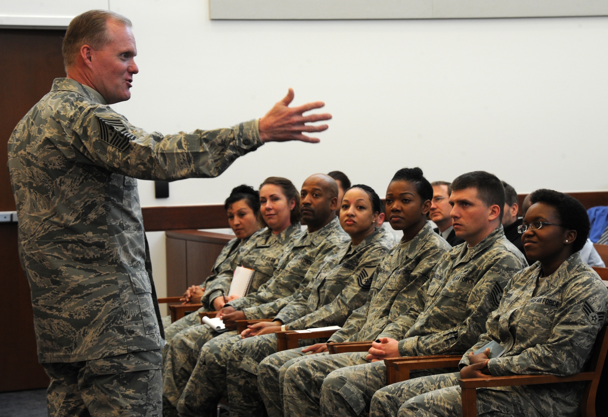 Chief Master Sgt. of the Air Force James A. Cody addresses Airmen March 23, 2015, during his visit to Joint Base Andrews, Md. Cody serves as the personal adviser to the chief of staff of the Air Force and the secretary of the Air Force on all issues regarding the welfare, readiness, morale, and proper utilization and progress of the enlisted force. (U.S. Air Force photo/Master Sgt. Tammie Moore)