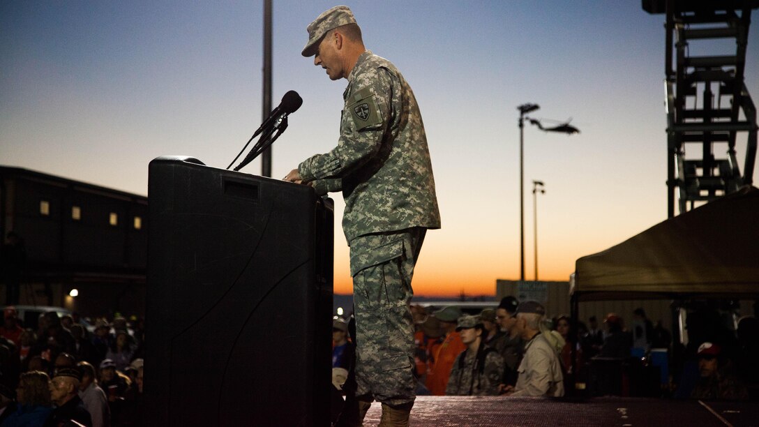 Army Gen. Brig. Gen. Timothy R. Coffin, commanding general of White Sands Missile Range, delivers opeing remarks to marchers the 26th Annual Bataan Memorial Death March at White Sands Missile Range March 22. The event is the 73rd commemoration of the Bataan Death March when more than 60,000 American and Filipino prisoners of war endured a 60-mile forced march.