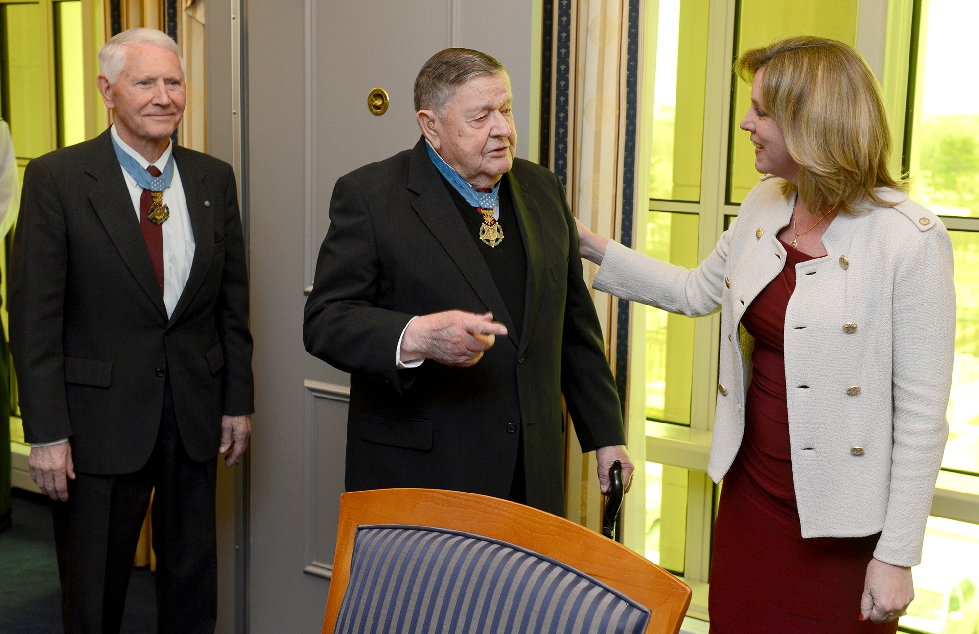 Retired Col. Joe Jackson, followed by Col. Leo Thorsness, meets Secretary of the Air Force Deborah Lee James in her office March 24, 2015, in Washington D.C.  Jackson and Thorsness, both Medal of Honor recipients, were in the Pentagon for a Q-and-A session with members of the Air Staff, hosted in the Hall of Heroes.  Jackson and Thorsness also met with Air Force Vice Chief of Staff Gen. Larry Spencer.  (U.S. Air Force photo/Scott M. Ash)