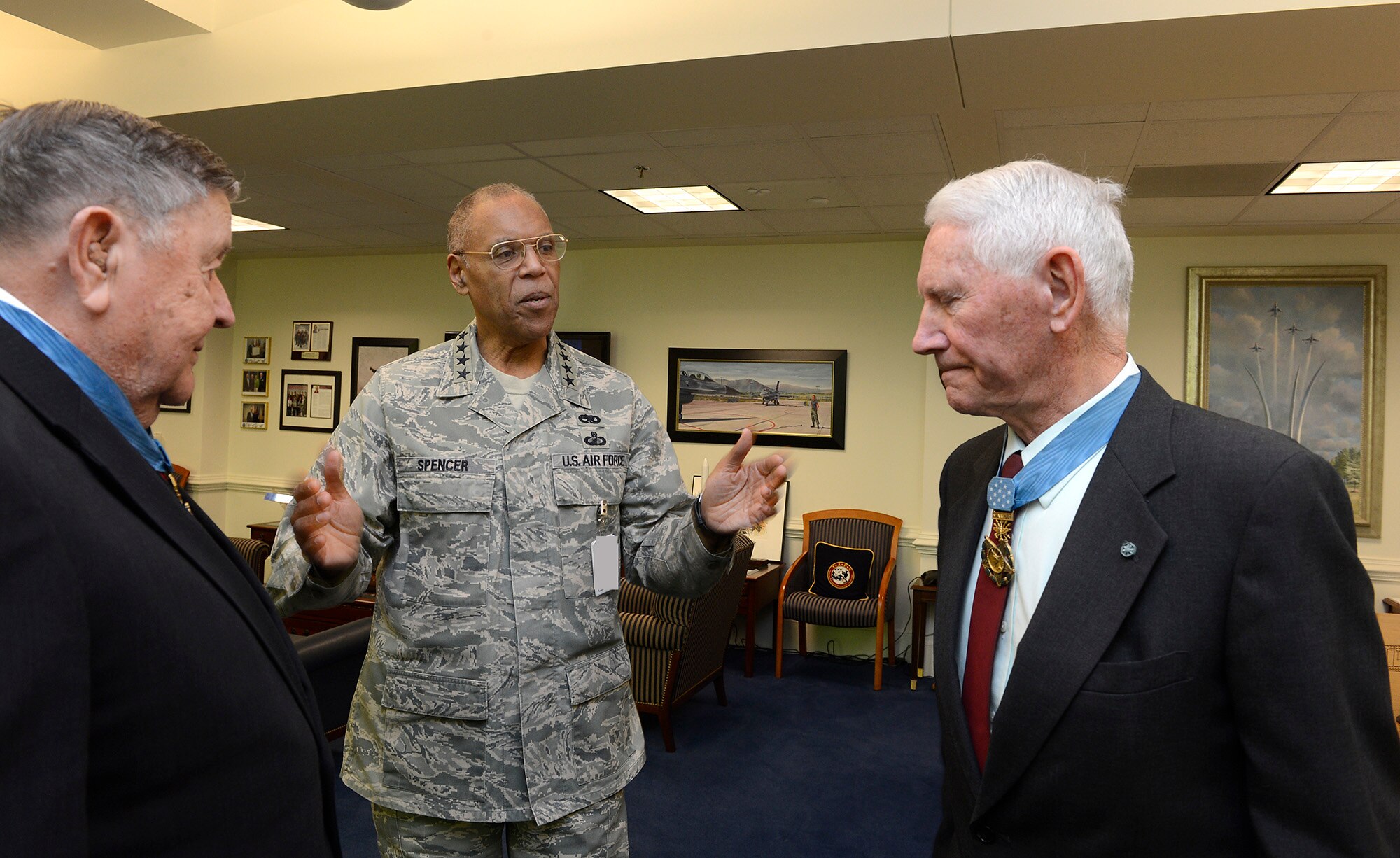 Air Force Vice Chief of Staff Gen. Larry Spencer meets with retired Cols. Leo Thorsness (right) and Joe Jackson, March 24, 2015, at the Pentagon in Washington D.C.  Thorsness and Jackson, both Medal of Honor recipients, were in the Pentagon for a Q-and-A session with members of the Air Staff, hosted in the Hall of Heroes.  Jackson and Thorsness also met with Secretary of the Air Force Deborah Lee James.  (U.S. Air Force photo/Scott M. Ash) 