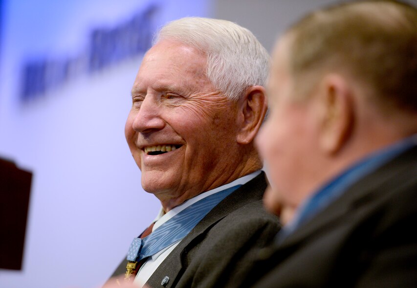 Retired Col. Leo Thorsness answers questions with retired Col. Joe Jackson, both Medals of Honor recipients, during a Q-and-A session March 24, 2015, in the Hall of Heroes at the Pentagon in Washington D.C.  The pair spent about an hour taking questions from Air Staff members, and they also met with Secretary of the Air Force Deborah Lee James and Air Force Vice Chief of Staff Gen. Larry Spencer.  (U.S. Air Force photo/Scott M. Ash)
