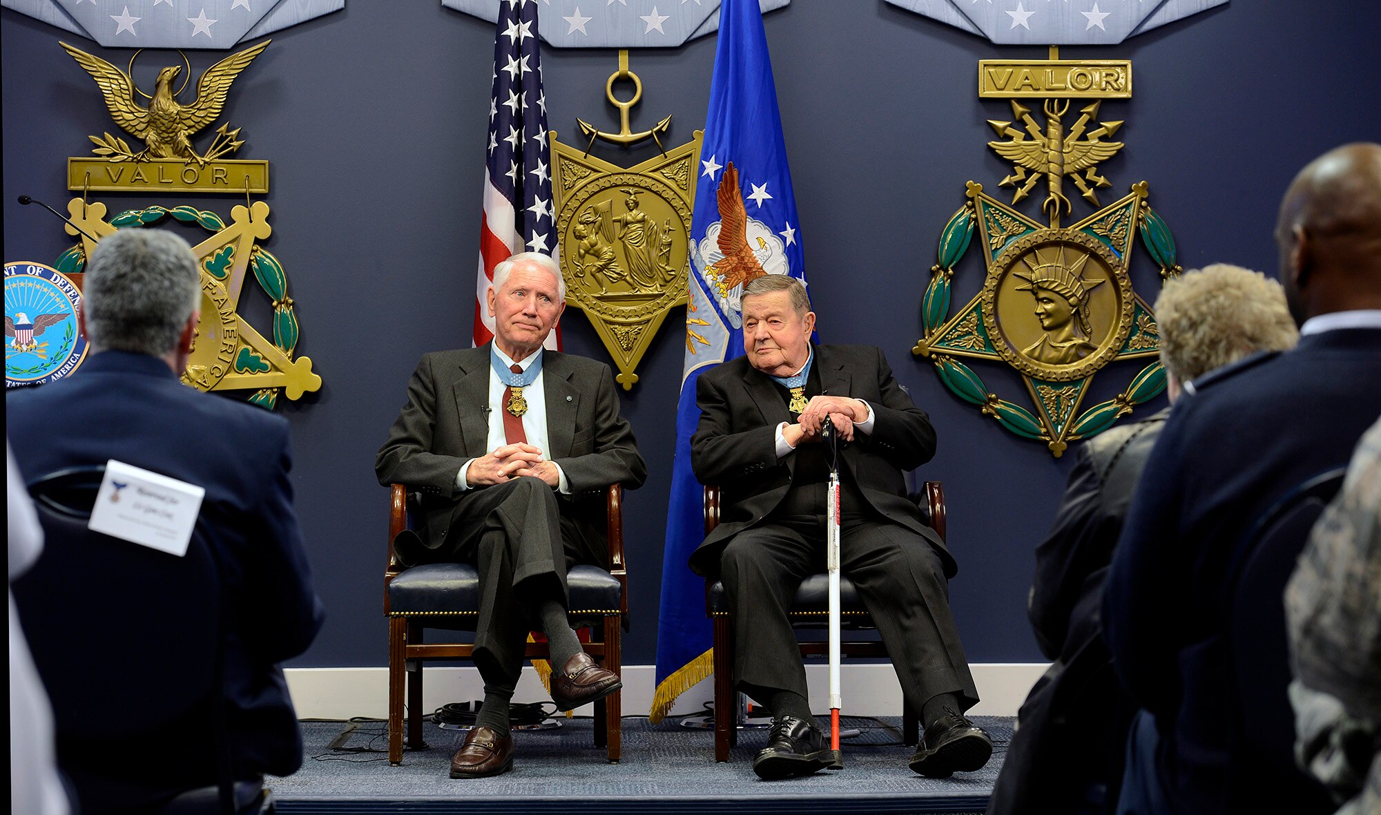 Retired Col. Leo Thorsness answers questions with retired Col. Joe Jackson, both Medals of Honor recipients, during a Q-and-A session March 24, 2015, in the Hall of Heroes at the Pentagon in Washington D.C. The pair spent about an hour taking questions from Air Staff members, and they also met with Secretary of the Air Force Deborah Lee James and Air Force Vice Chief of Staff Gen. Larry Spencer.  (U.S. Air Force photo/Scott M. Ash)
