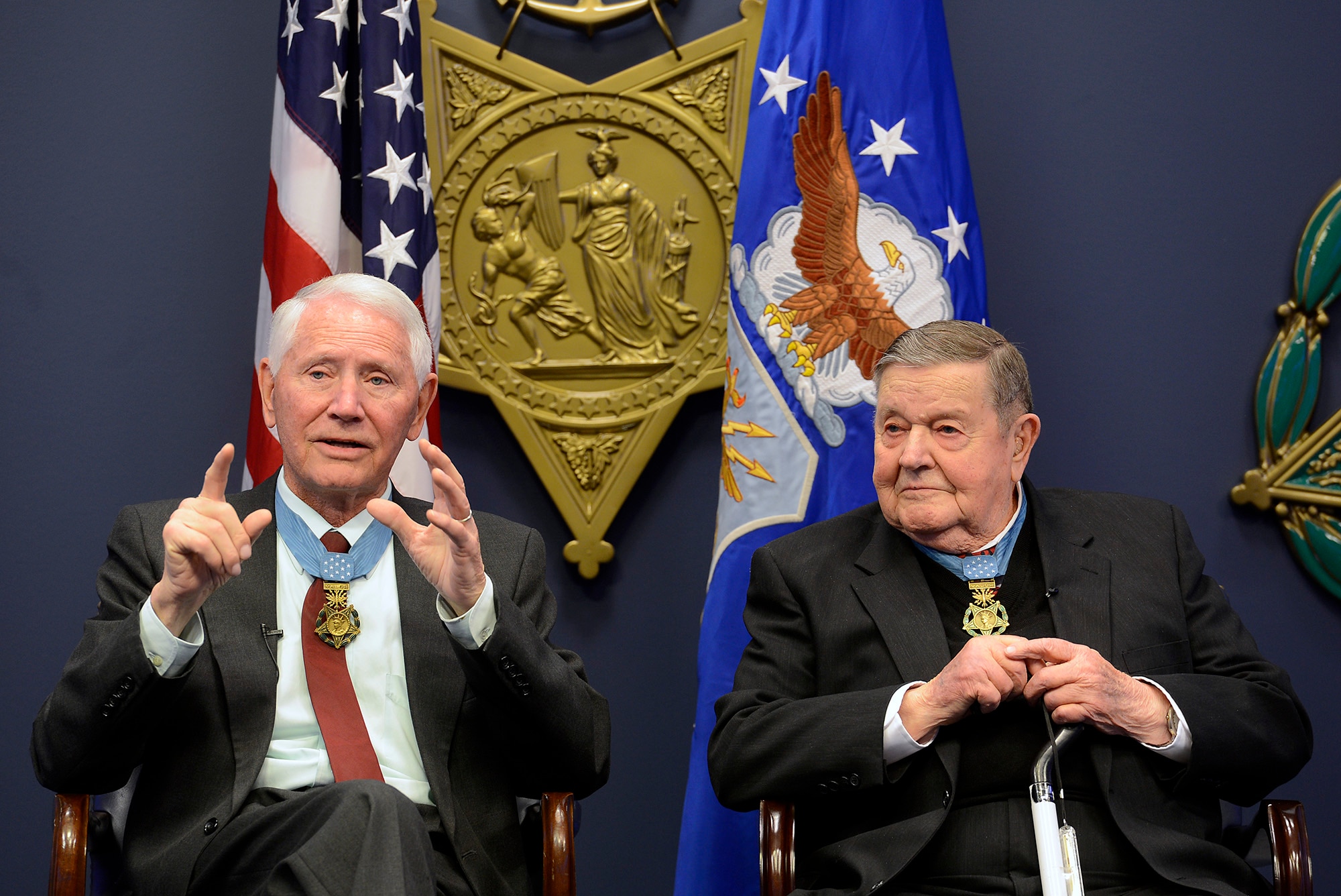 Retired Col. Leo Thorsness answers questions with retired Col. Joe Jackson, both Medals of Honor recipients, during a Q-and-A session March 24, 2015, in the Hall of Heroes at the Pentagon in Washington D.C. The pair spent about an hour taking questions from Air Staff members, and they also met with Secretary of the Air Force Deborah Lee James and Air Force Vice Chief of Staff Gen. Larry Spencer. (U.S. Air Force photo/Scott M. Ash)