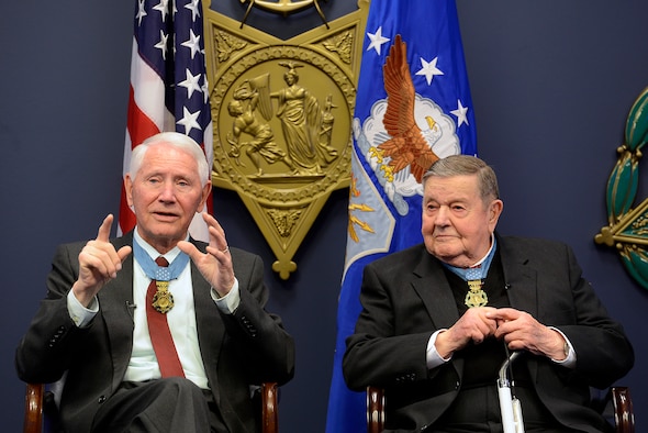 Retired Col. Leo Thorsness answers questions with retired Col. Joe Jackson, both Medals of Honor recipients, during a Q-and-A session March 24, 2015, in the Hall of Heroes at the Pentagon in Washington D.C. The pair spent about an hour taking questions from Air Staff members, and they also met with Secretary of the Air Force Deborah Lee James and Air Force Vice Chief of Staff Gen. Larry Spencer. (U.S. Air Force photo/Scott M. Ash)