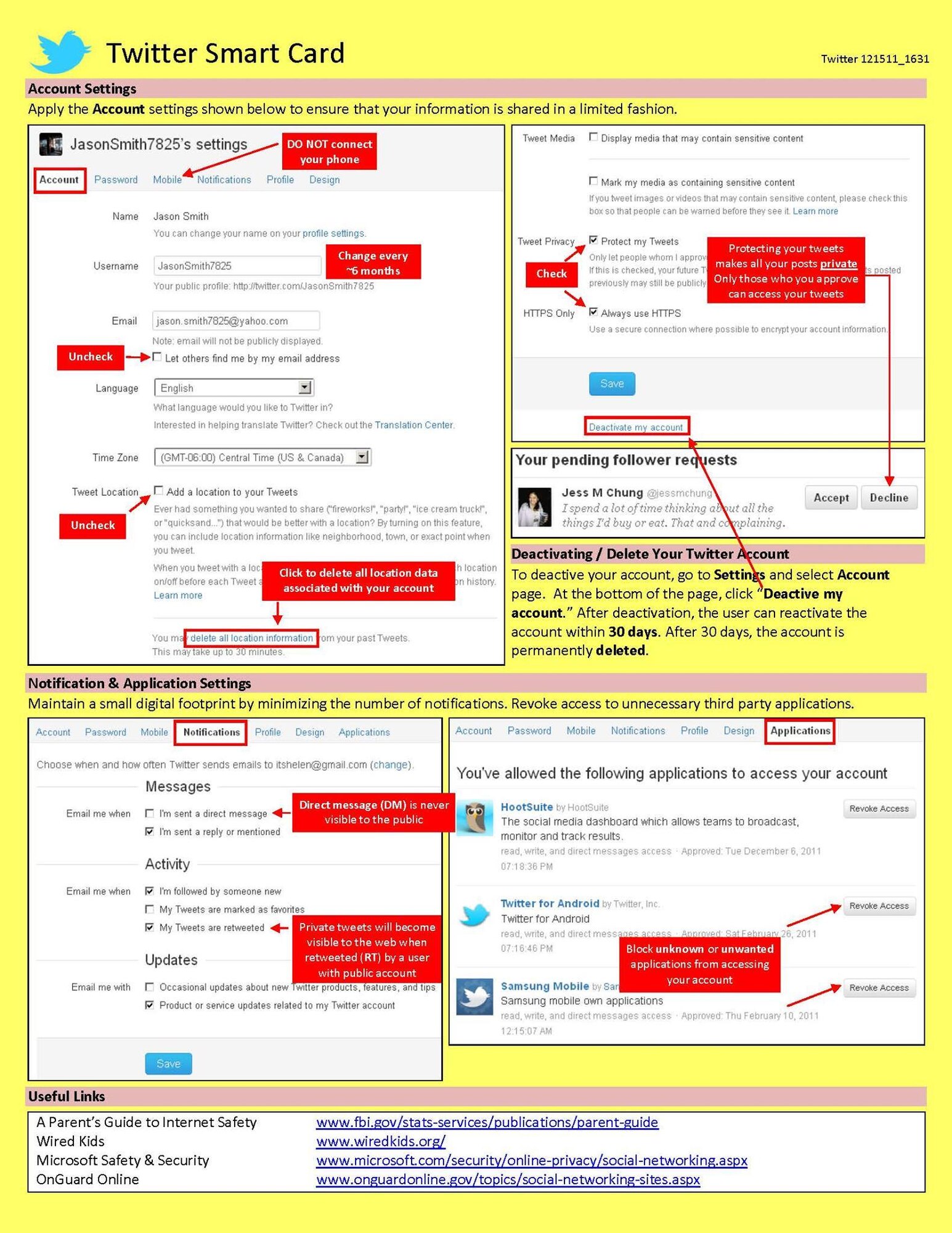 Social media is a great way to stay in touch, but remember to protect your information. The above smart cards for Twitter, Facebook, LinkedIn and Google+ offer tips for safeguarding your information. (Courtesy graphic)
