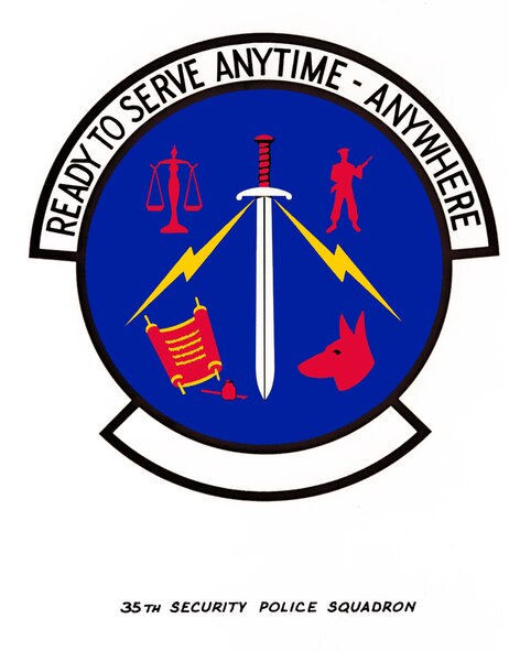 On April 29, 1980, Headquarters, Tactical Air Command approved the emblem of the 35th Security Police Squadron.  In 2015, AFHRA approved a revision of the 1980 emblem because it included more than three elements.  The new emblem includes the colors and some elements of the earlier emblem, but it now conforms to Air Force heraldry standards established in the early 1990s.  (U.S. Air Force illustration/released)