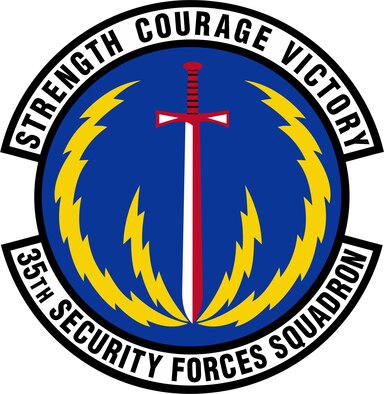 On March 3, 2015, the AFHRA approved the revision of the 35 SFS emblem.  The new emblem includes the colors and some elements of the earlier emblem, but it now conforms to Air Force heraldry standards established in the early 1990s.  (U.S. Air Force illustration/released)