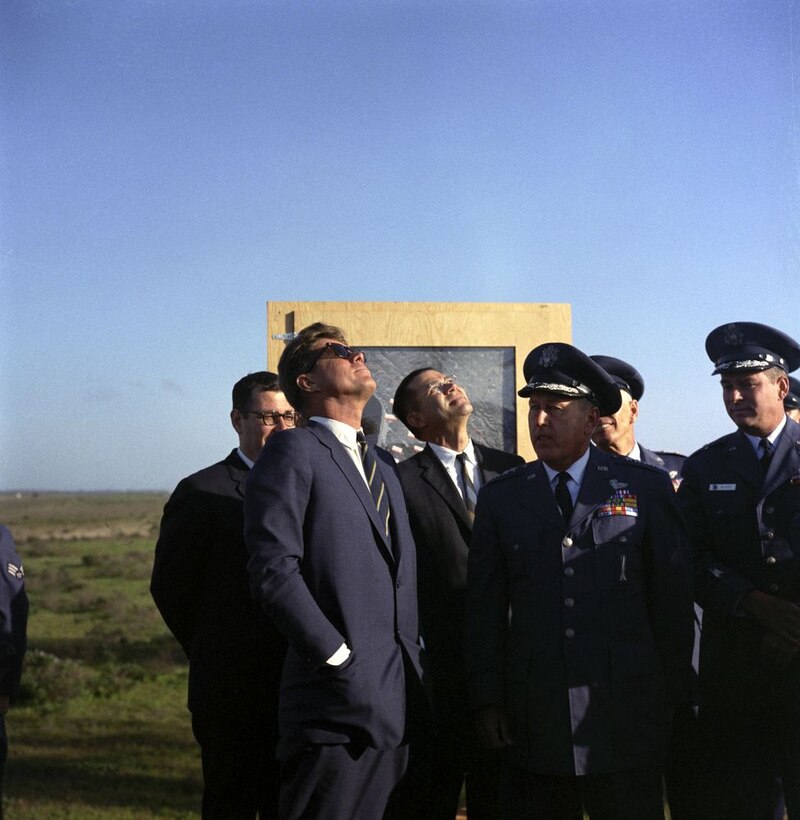 President John F. Kennedy watches the launch of an unarmed Atlas 134D intercontinental ballistic missile on Vandenberg Air Force Base, Calif., March 23, 1962. This was the first time a president witnessed a live missile launch. (Photo Courtesy from JFK Presidential Library)