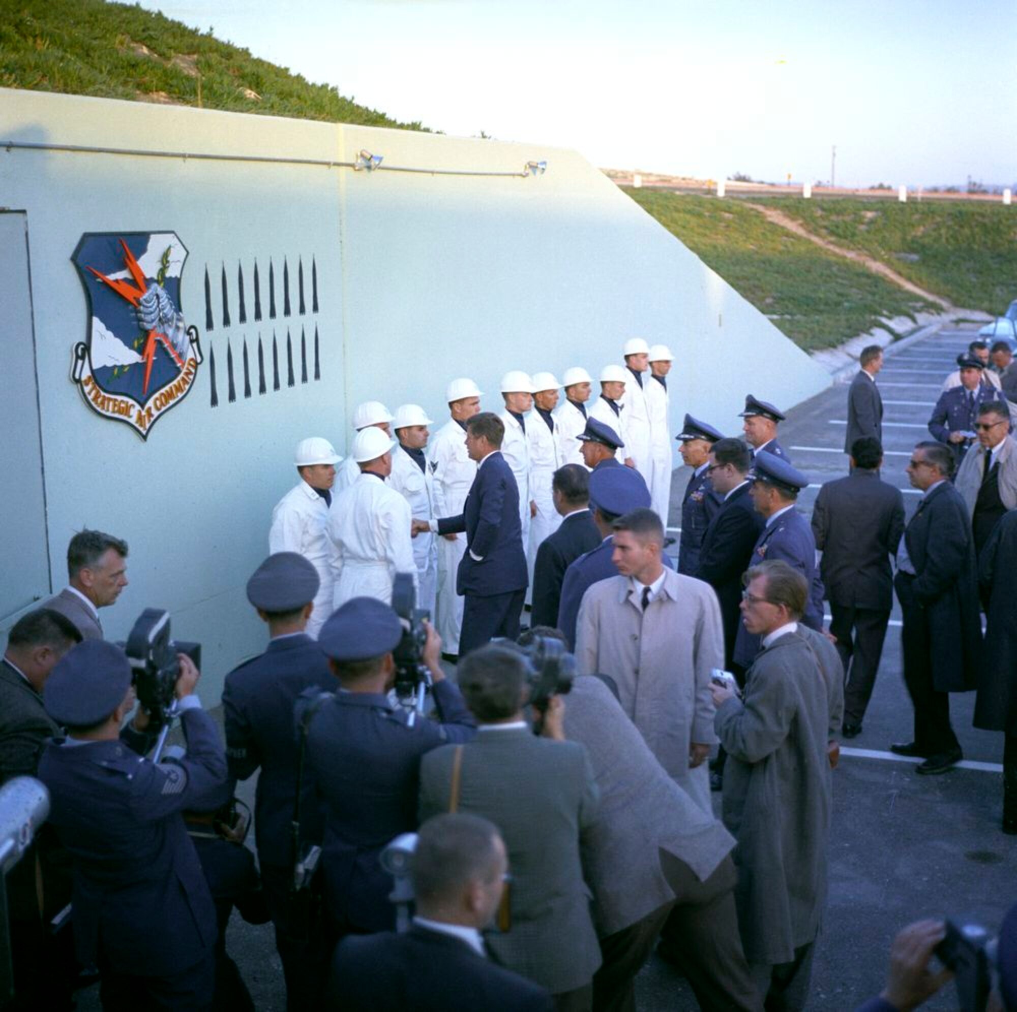 President John F. Kennedy meets with 389th Strategic Missile Wing's Senior Wing Standardization Launch Crew R-07 on Vandenberg Air Force Base, Calif., March 23, 1962. The R-07 crew assisted in the unarmed Atlas 134D missile launch. (Courtesy Photo from JFK Presidential Library)