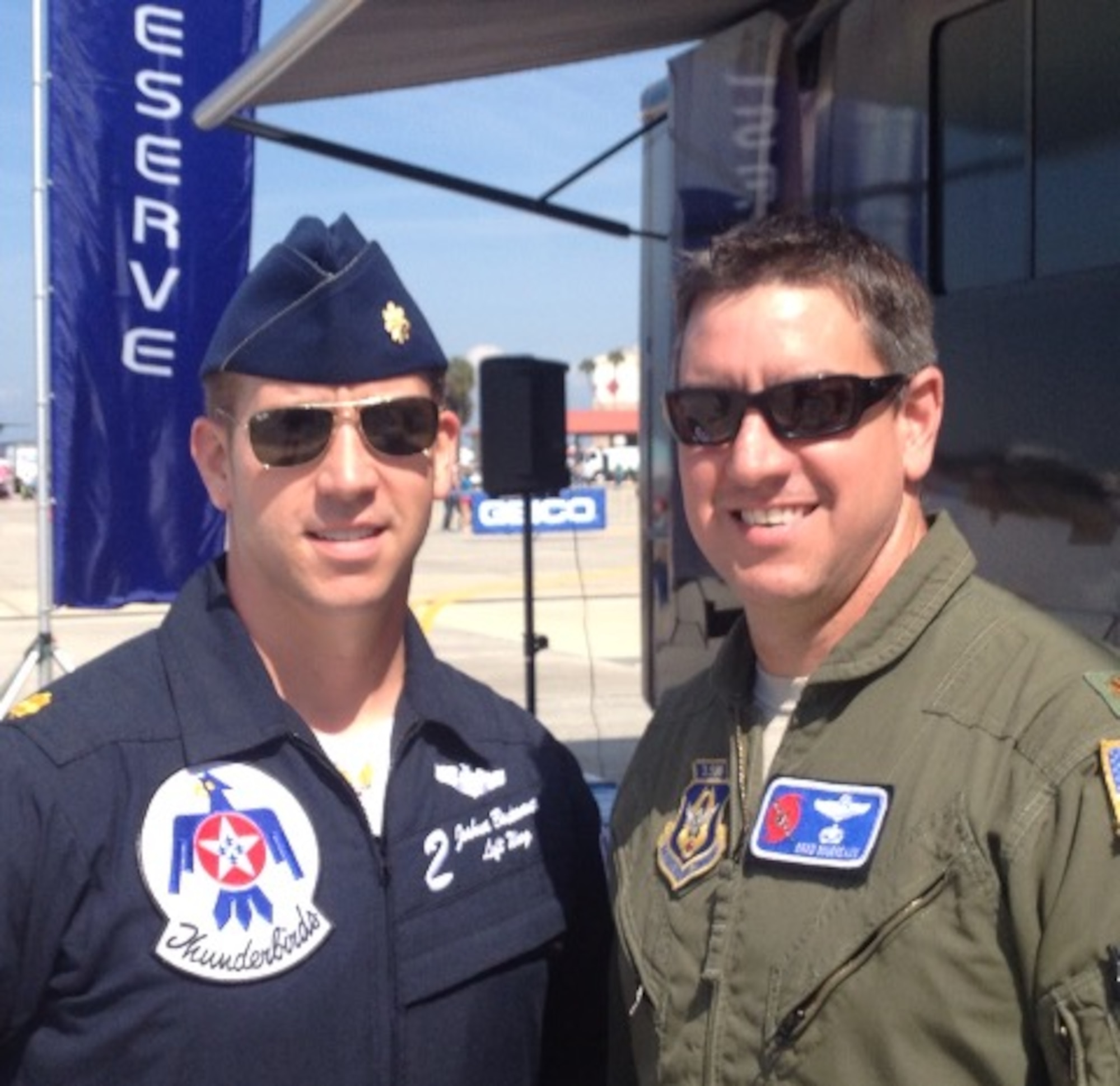 Maj. Joshua Boudreaux, U.S. Air Force Thunderbirds pilot, poses for a photo with his older brother, Lt. Col. Brad Boudreaux, a WC-130J pilot with the 403rd Wing’s 53rd Weather Reconnaissance Squadron. (Courtesy photo)