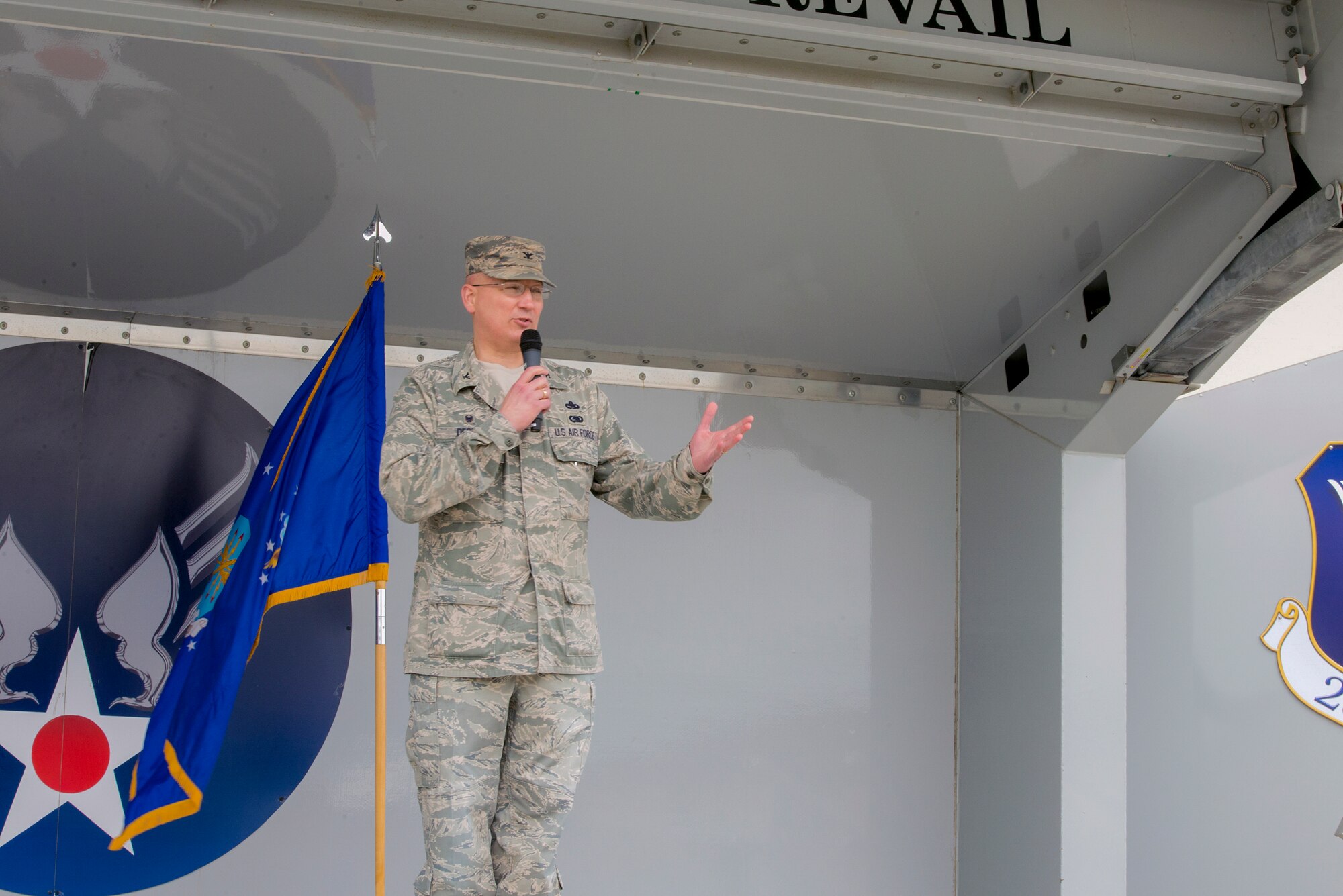 U.S. Air Force Col. Jeffrey Decker, 23d Maintenance Group commander, thanks members of the 23d MXG for their dedication and hard work during the Clements McMullen Memorial Daedalian Weapon System Maintenance Trophy presentation March 23, 2015 at Moody Air Force Base, Ga. The 23d MXG earned an “effective” rating for three local readiness inspections and a unit effectiveness inspection. (U.S. Air Force photo by Airman Greg Nash/Released)  