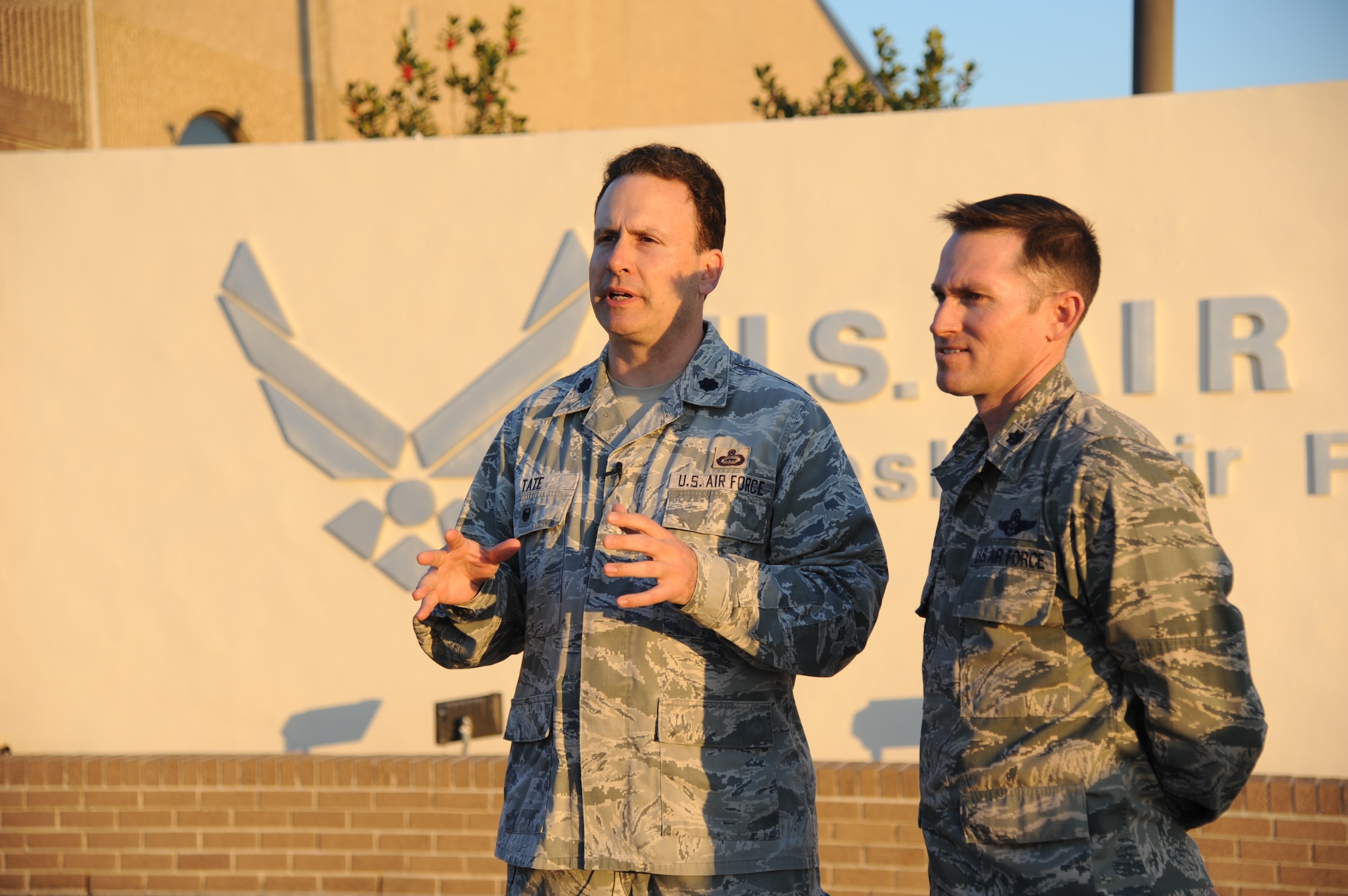 Lt. Col. Kyle Tate, 81st Mission Support Group deputy commander and Air Show co-director, addresses local media during a press conference Feb. 11, 2015, on the flight line at Keesler Air Force Base, Miss. The conference was in conjunction with the U.S. Air Force Thunderbirds site survey visit in preparation for the upcoming Air Show/Open House March 28-29. The Thunderbirds are scheduled to headline the event.