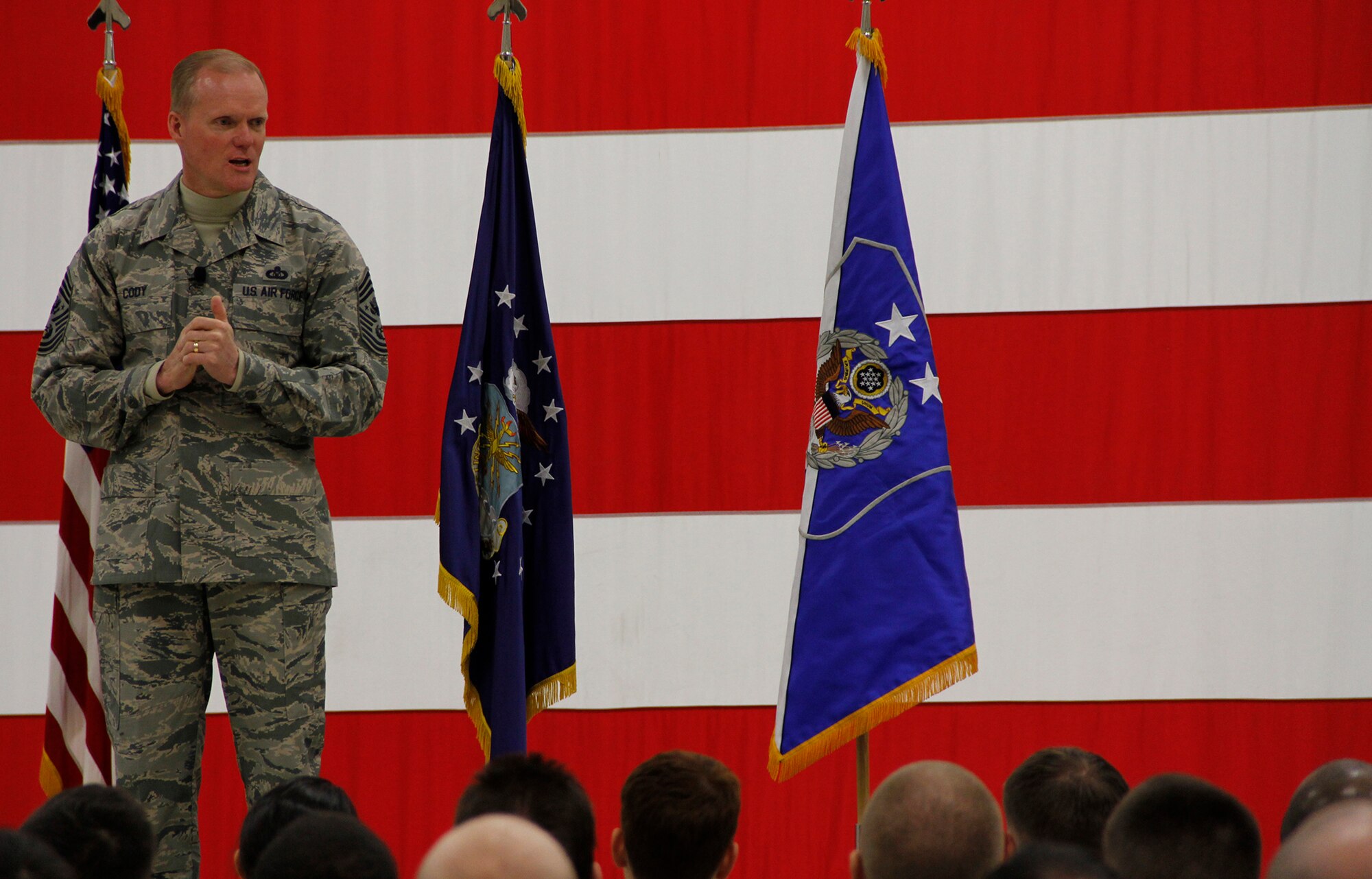 PETERSON AIR FORCE BASE, Colo. – Chief Master Sgt. of the Air Force James A. Cody held an enlisted call during his visit with the Air Force Reserve Command’s 302nd Airlift Wing during the March 2015 Unit Training Assembly. In addition to meeting with Airmen and touring various units during his two-day visit, Cody was also the guest speaker at the wing’s annual awards dinner. (U.S. Air Force photo/Staff Sgt. Nathan Federico) 