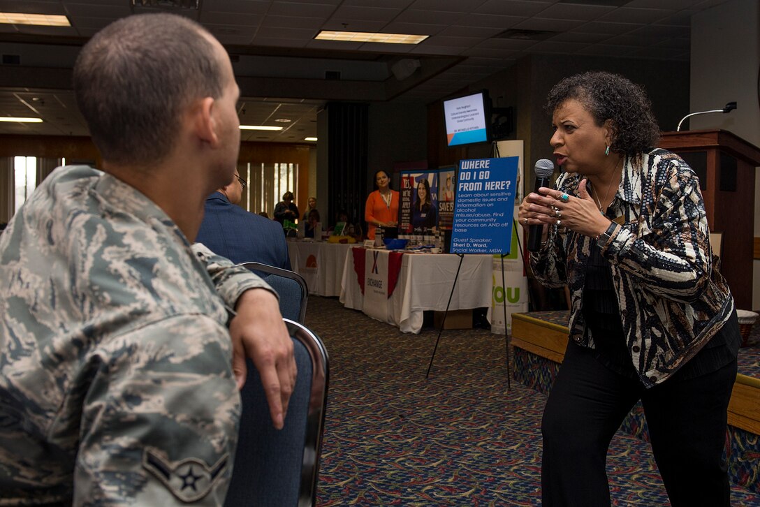 Michaelle Kitchen, Midwestern State University associate professor of counseling, kinesiology and special education, conveys her story to Airmen from Sheppard Air Force Base, Texas, March 24, 2015. Kitchen was a guest speaker for the first Women’s Conference hosted by Sheppard. (U.S. Air Force photo by Senior Airman Kyle Gese/Released)
