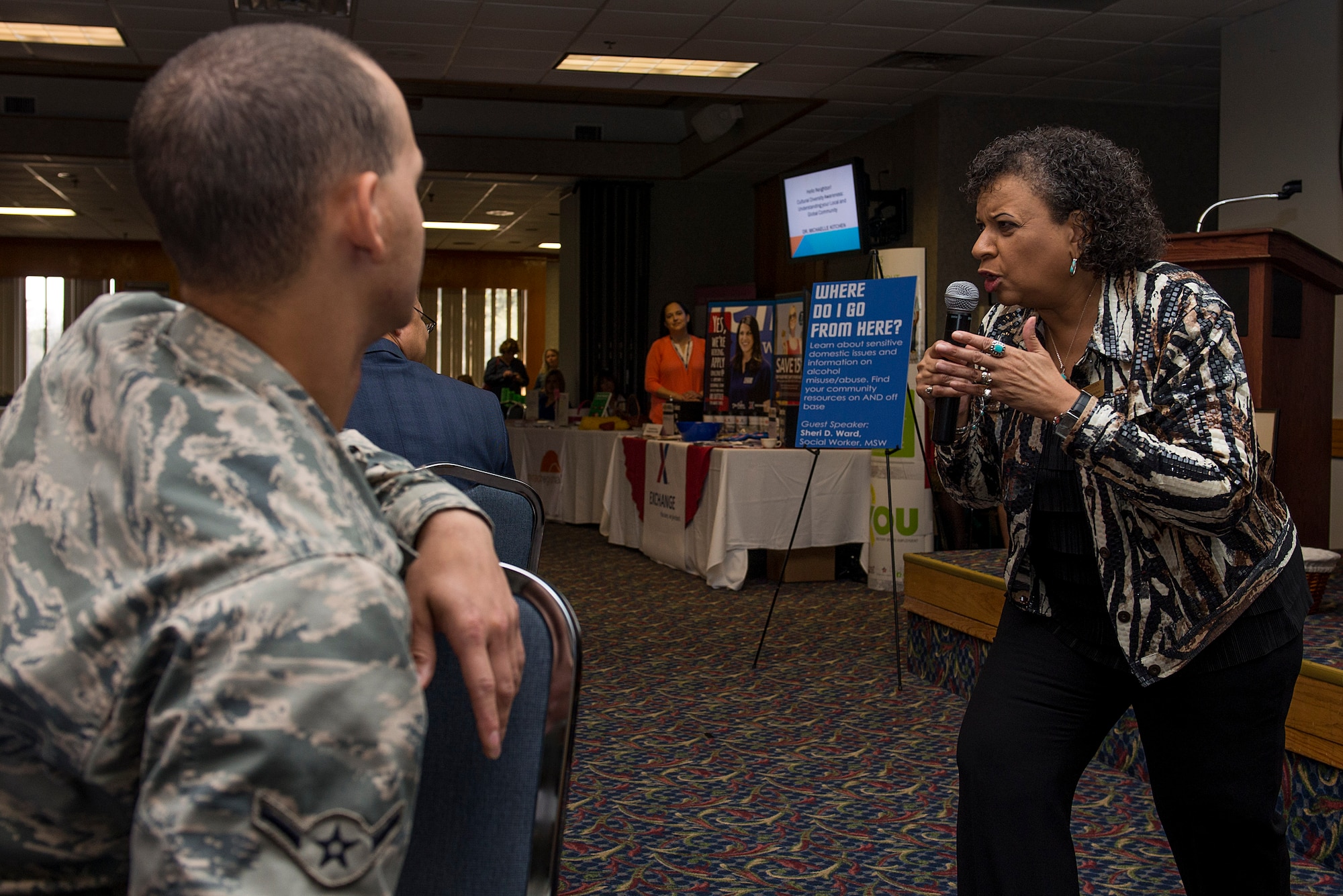 Michaelle Kitchen, Midwestern State University associate professor of counseling, kinesiology and special education, conveys her story to Airmen from Sheppard Air Force Base, Texas, March 24, 2015. Kitchen was a guest speaker for the first Women’s Conference hosted by Sheppard. (U.S. Air Force photo by Senior Airman Kyle Gese/Released)