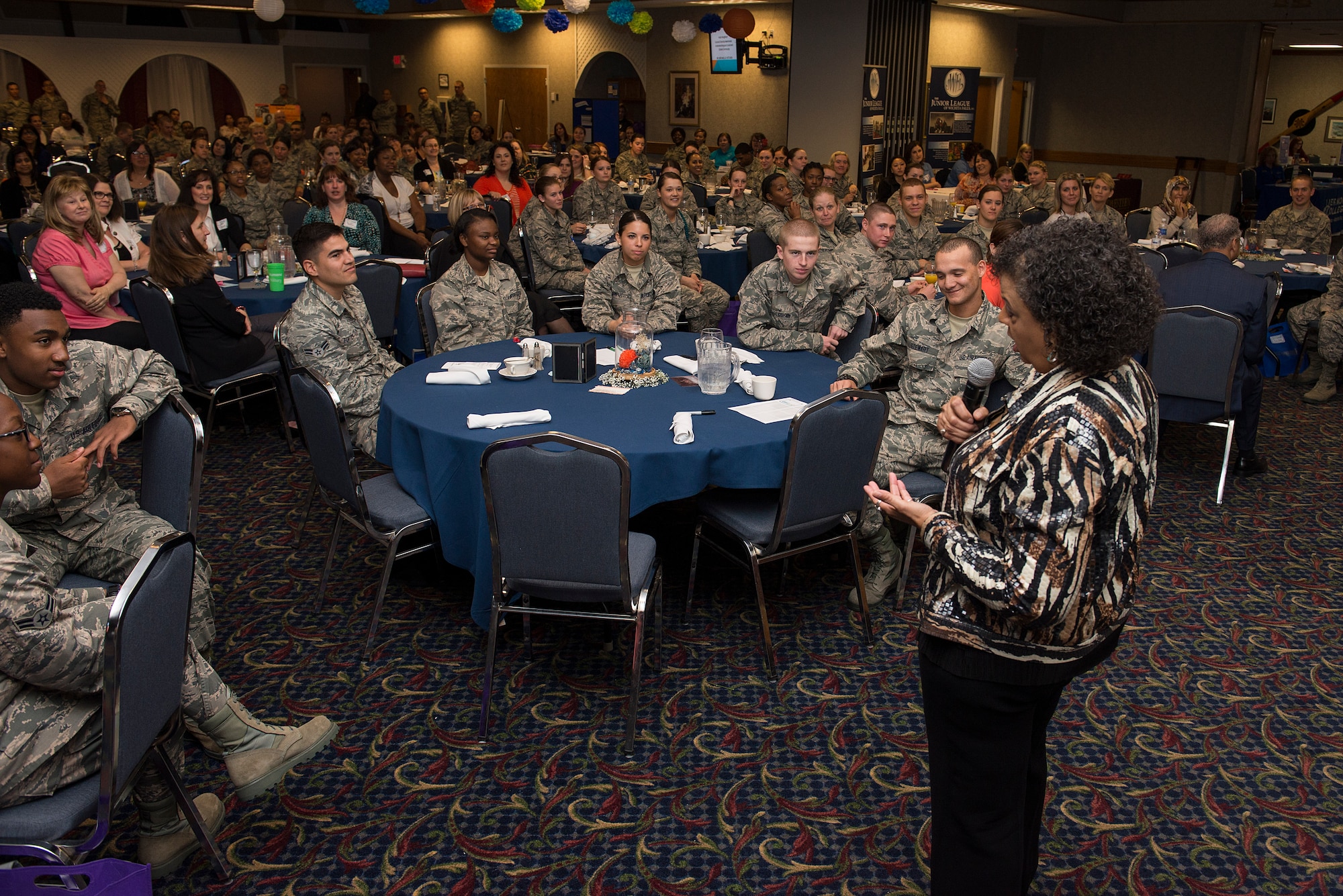 Michaelle Kitchen, Midwestern State University associate professor of counseling, kinesiology and special education, speaks at the first Women’s Conference at Sheppard Air Force Base, Texas, March 24, 2015. The Women’s Conference had multiple speakers who talked about empowering women, building healthy relationships and the different programs available for Airmen to seek guidance. (U.S. Air Force photo by Senior Airman Kyle Gese/Released)