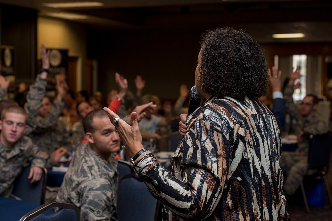 Michaelle Kitchen, Midwestern State University associate professor of counseling, kinesiology and special education, speaks to the Sheppard Air Force Base, Texas, community, March 24, 2015. Kitchen was a guest speaker for the first Women’s Conference at Sheppard that focused on empowering Airmen to learn and appreciate others. (U.S. Air Force photo by Senior Airman Kyle Gese/Released)
