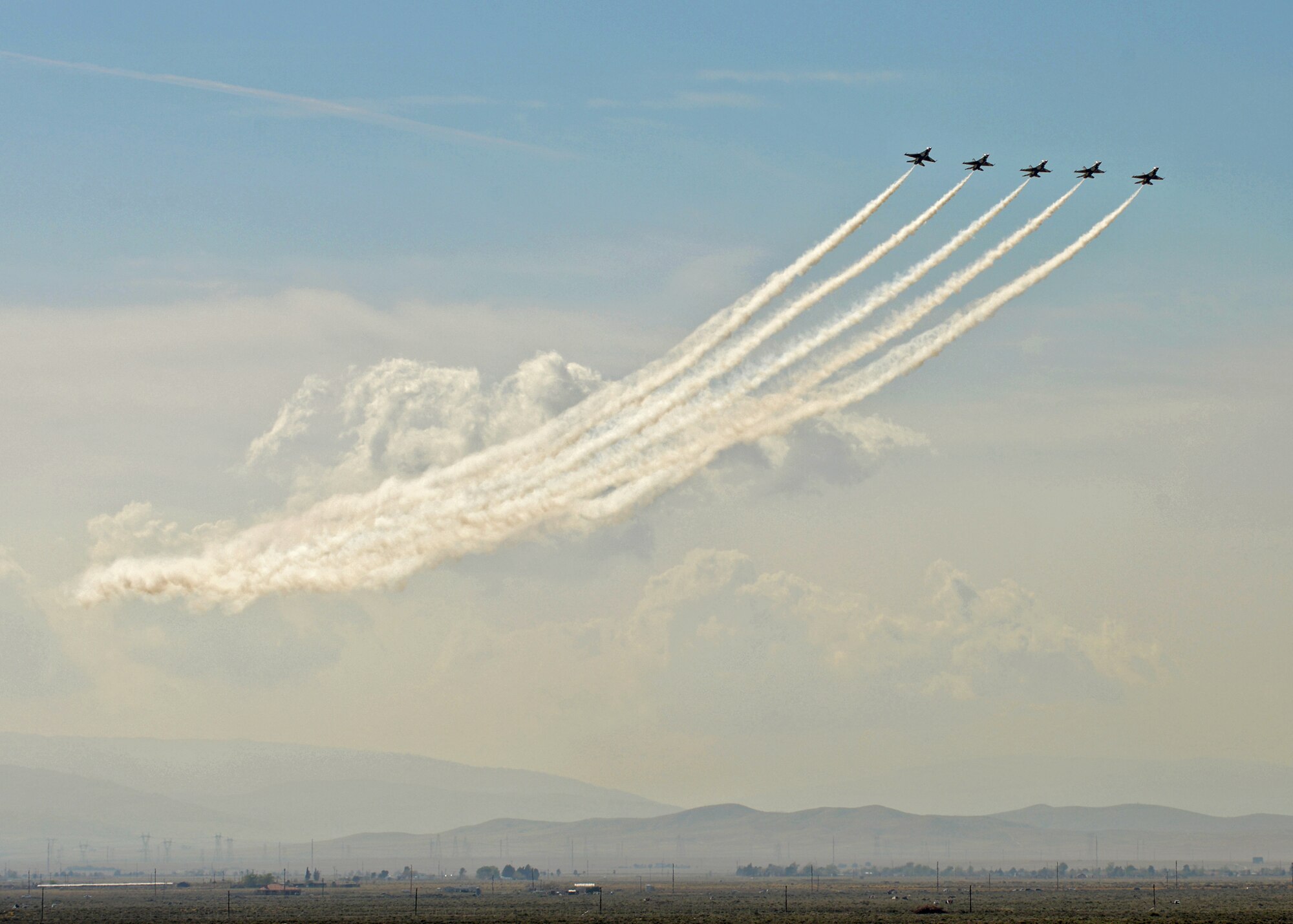 A formation of U.S. Air Force Thunderbirds can be seen over the Antelope Valley during the 2015 Los Angeles County Air Show held March 21 and 22 at William J. Fox Airfield in Lancaster, Calif. (U.S. Air Force photo by Jet Fabara)