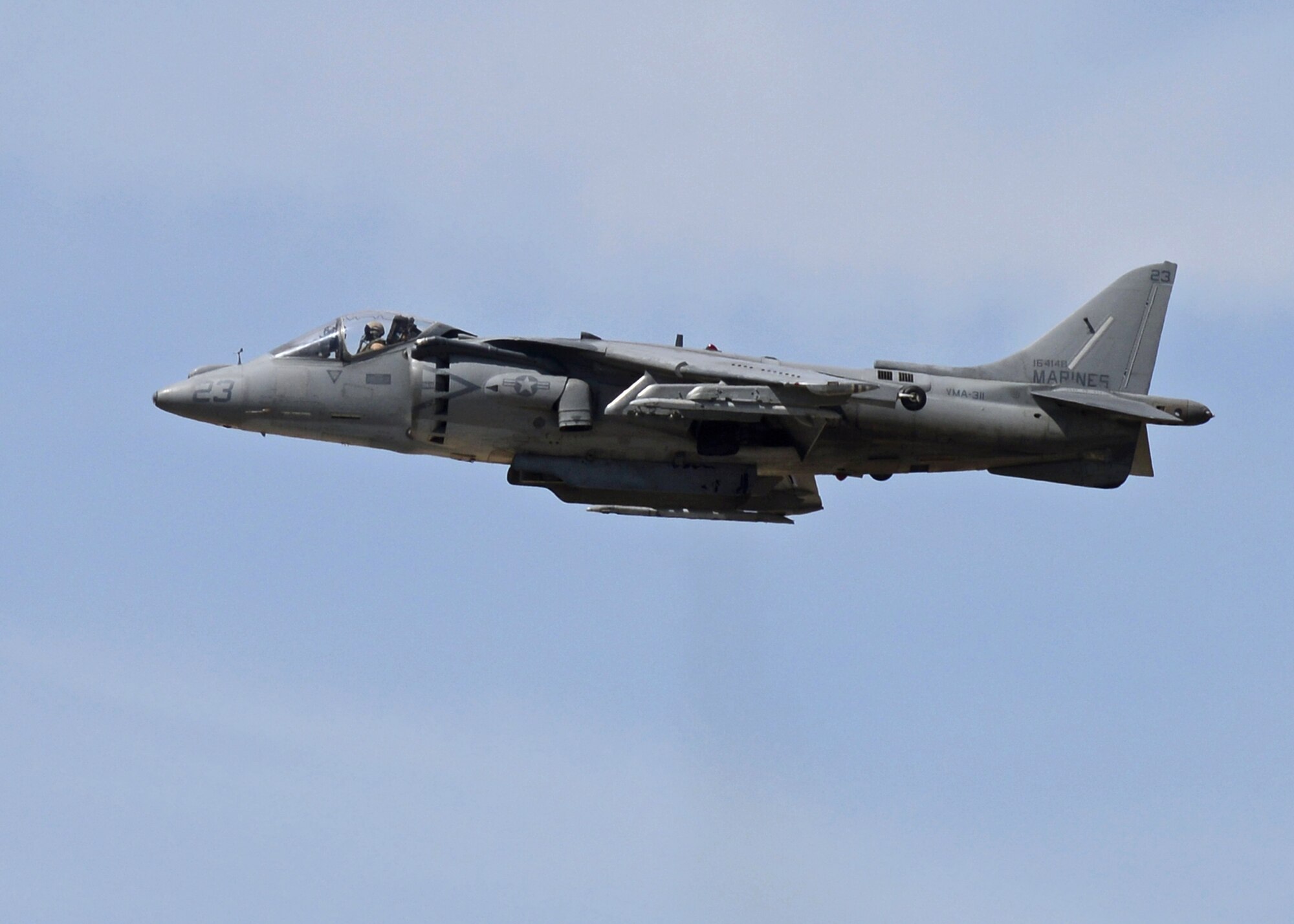 A U.S. Marine Corps AV-8B Harrier Jump Jet performs a fly-by during the 2015 Los Angeles County Air Show held Mar. 21 and 22 at William J. Fox Airfield in Lancaster, Calif. (U.S. Air Force photo by Jet Fabara)