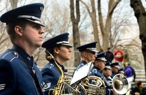 U.S. Air Force Senior Airman Ryan R. Bigeck, left, an instrumentalist with the 566th Air Force Band, performs with the Air National Guard Band of the Northeast in the New York City St. Patrick's Day Parade in New York March 17, 2015. The band played for spectators along the parade’s Fifth Avenue route as part of its community relations mission. (U.S. Air National Guard photo by Staff Sgt. Lealan Buehrer/Released)