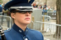 U.S. Air Force Tech. Sgt. Linda A. Tessereau, an instrumentalist with the 566th Air Force Band, performs with the Air National Guard Band of the Northeast in the New York City St. Patrick's Day Parade in New York March 17, 2015. The band played for spectators along the parade’s Fifth Avenue route as part of its community relations mission. (U.S. Air National Guard photo by Staff Sgt. Lealan Buehrer/Released)