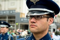 U.S. Air Force Senior Airman Jose E. Silva, an instrumentalist with the 566th Air Force Band, performs with the Air National Guard Band of the Northeast in the New York City St. Patrick's Day Parade in New York March 17, 2015. The band played for spectators along the parade’s Fifth Avenue route as part of its community relations mission. (U.S. Air National Guard photo by Staff Sgt. Lealan Buehrer/Released)