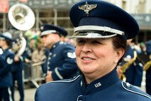 U.S. Air Force Tech. Sgt. Peggy K. Miller, an instrumentalist with the 566th Air Force Band, performs with the Air National Guard Band of the Northeast in the New York City St. Patrick's Day Parade in New York March 17, 2015. The band played for spectators along the parade’s Fifth Avenue route as part of its community relations mission. (U.S. Air National Guard photo by Staff Sgt. Lealan Buehrer/Released)