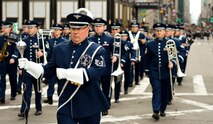 U.S. Air Force Senior Master Sgt. John E. Christ, drum major with the 553rd Air Force Band, leads the Air National Guard Band of the Northeast during a performance in the New York City St. Patrick's Day Parade in New York March 17, 2015. The band played for spectators along the parade’s Fifth Avenue route as part of its community relations mission. (U.S. Air National Guard photo by Staff Sgt. Lealan Buehrer/Released)