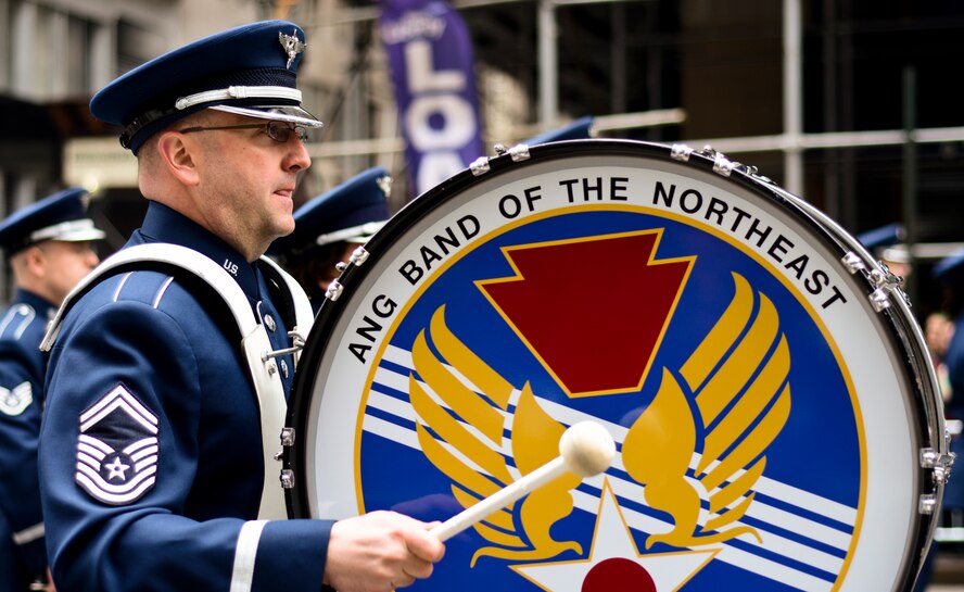 Instrumentalists with the Air National Guard Band of the Northeast perform in the New York City St. Patrick's Day Parade in New York March 17, 2015. The Airmen played for spectators along the parade’s Fifth Avenue route as part of their community relations mission. (U.S. Air National Guard photo by Staff Sgt. Lealan Buehrer/Released)