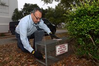 Al Salazar, 502nd Civil Engineer Squadron pest management technician, sets up a small-animal trap March 17 on Joint Base San Antonio-Randolph. (U.S. Air Force photo by Johnny Saldivar)
