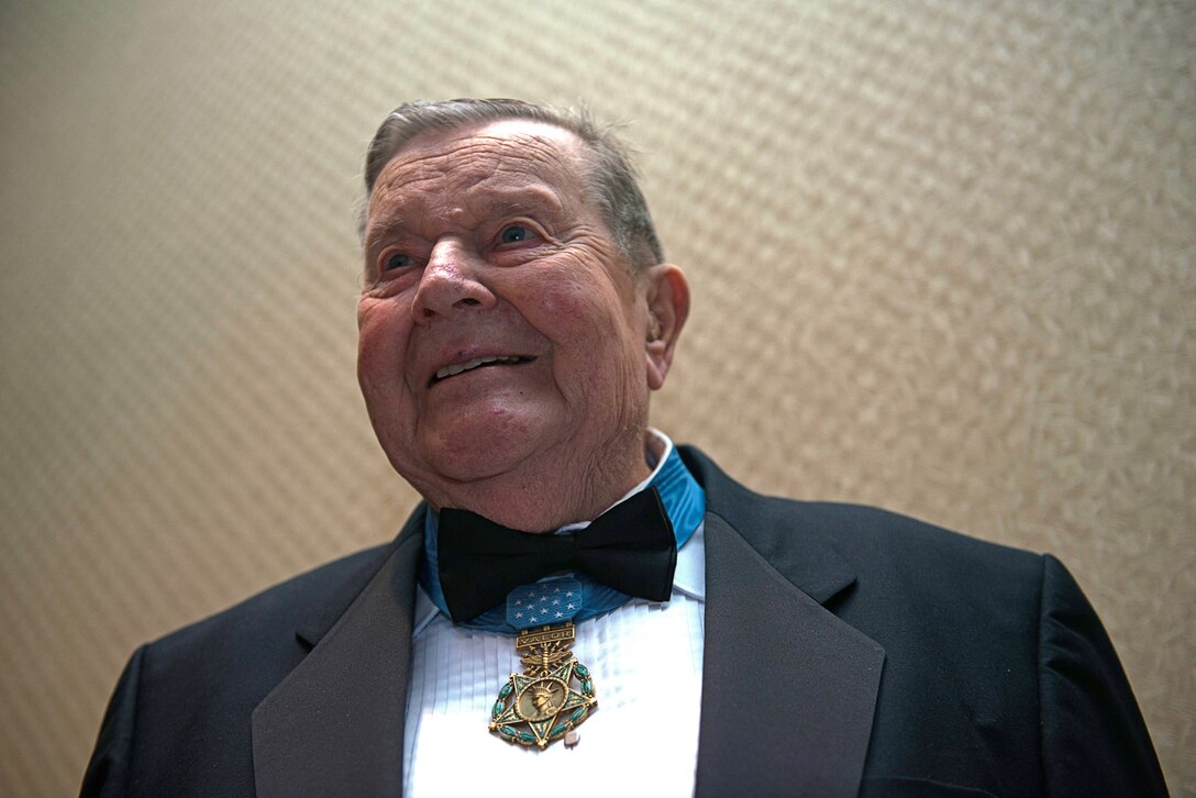 Former Air Force Lt. Col. Joe Jackson, a pilot during the Vietnam War and one of the oldest living Medal of Honor recipients at age 92, attends the USO of Metropolitan Washington-Baltimore's 33rd annual awards dinner in Arlington, Va., March 24, 2015. Jackson volunteered to rescue a three-man Air Force combat control team from a special forces camp in Kham Duc, where a forward outpost had become overrun by hostile forces.