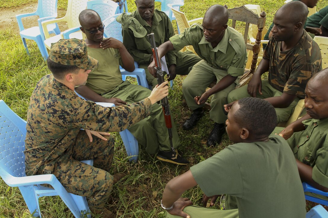 U.S. Marine 1st Lt. Nathaniel Kaine, left, the officer in charge of the Theater Security Cooperation team with Special-Purpose Marine Air-Ground Task Force Crisis Response-Africa, receives an AKM assault rifle from aTanzanian park ranger at the Selous Game Reserve in Matambwe, Tanzania, March 2, 2015. Kaine was one of more than 15 Marines and Sailors to help teach weapons safety and marksmanship techniques to the park rangers. (U.S. Marine Corps photo by Lance Cpl. Lucas J. Hopkins/Released)