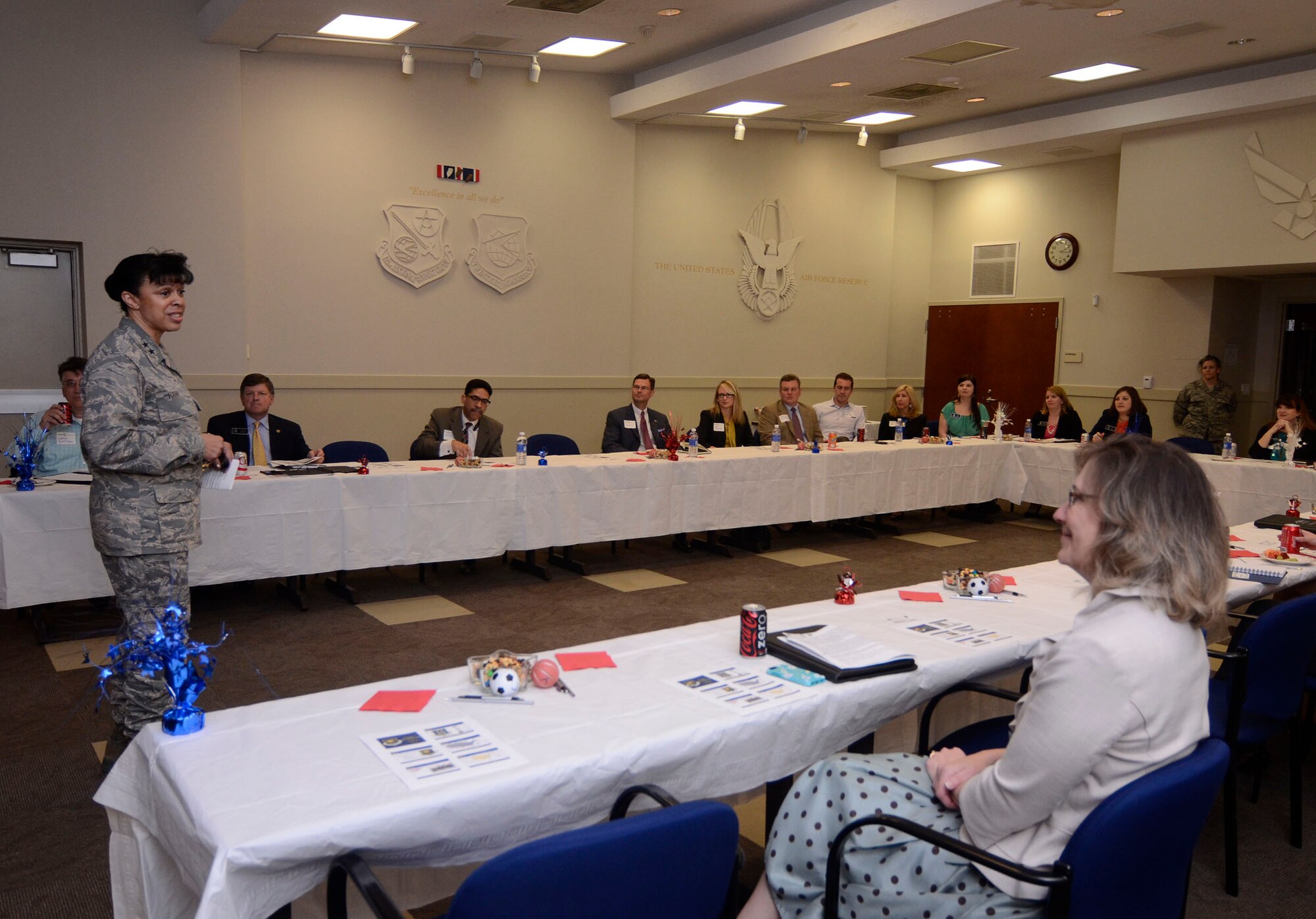 Maj. Gen. Stayce Harris, 22nd Air Force commander, leads a discussion to 21 members of Leadership Cobb at Dobbins Air Reserve Base, Ga. March 25, 2015. Leadership Cobb develops leadership skills and knowledge through its programs and retreats. Participants are introduced to a variety of viewpoints that illustrate the array of economic, political, educational and social factors at work in Cobb County. Sessions combine lectures and dialogue among speakers as well as audience interaction with leaders in all facets of the community.