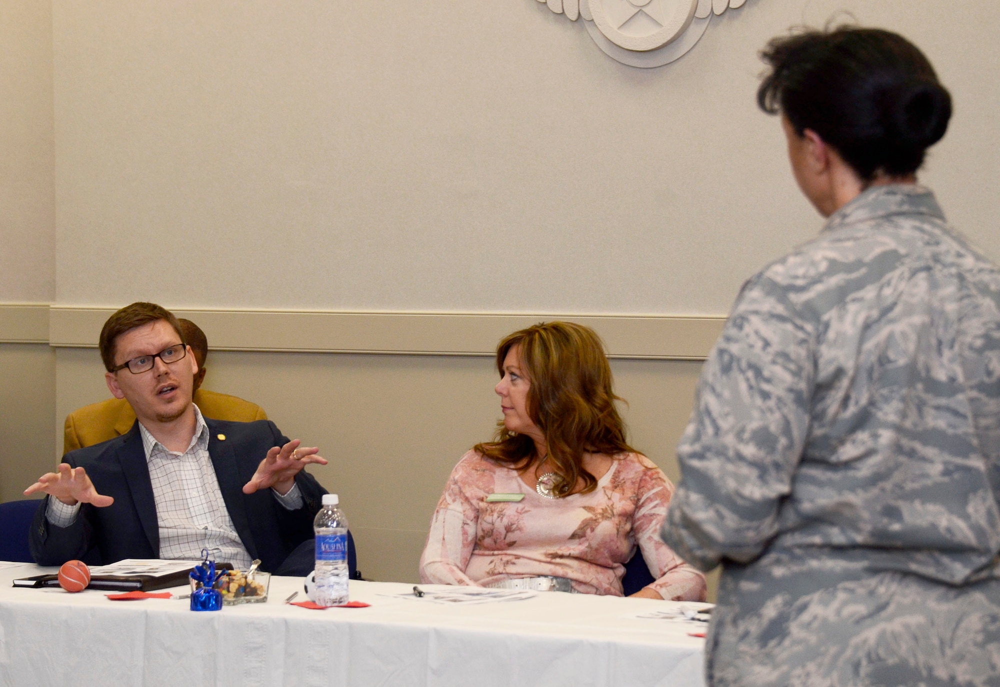 Maj. Gen. Stayce Harris, 22nd Air Force commander, leads a discussion to 21 members of Leadership Cobb at Dobbins Air Reserve Base, Ga. March 25, 2015. Leadership Cobb develops leadership skills and knowledge through its programs and retreats. Participants are introduced to a variety of viewpoints that illustrate the array of economic, political, educational and social factors at work in Cobb County. Sessions combine lectures and dialogue among speakers as well as audience interaction with leaders in all facets of the community.