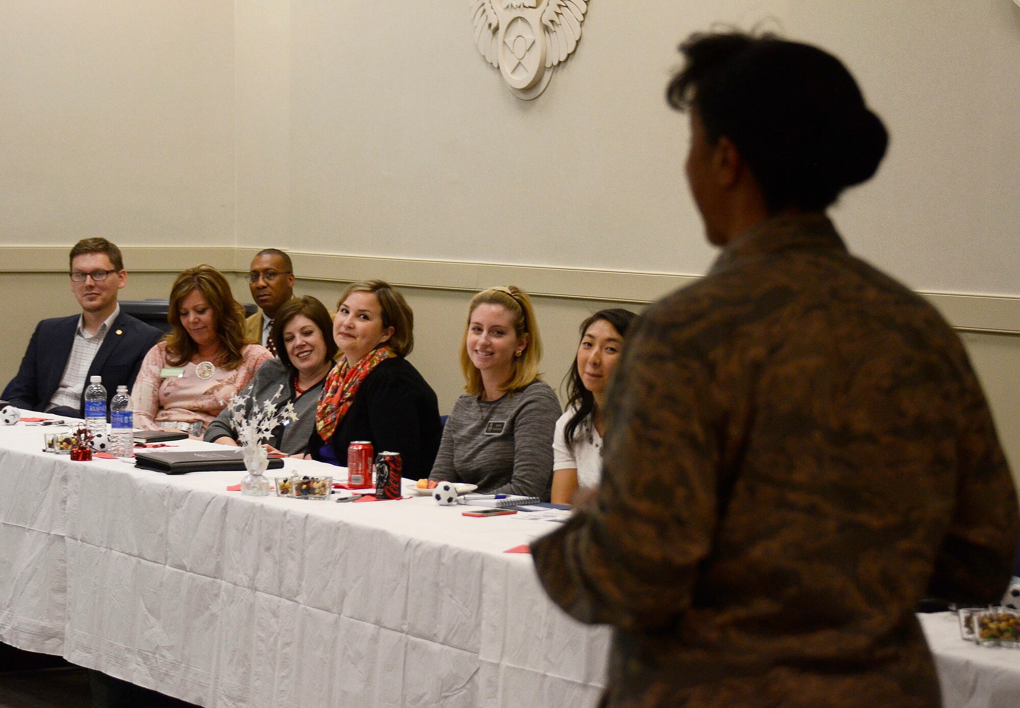 Maj. Gen. Stayce Harris, 22nd Air Force commander, leads a discussion to 21 members of Leadership Cobb at Dobbins Air Reserve Base, Ga. March 25, 2015. Leadership Cobb develops leadership skills and knowledge through its programs and retreats. Participants are introduced to a variety of viewpoints that illustrate the array of economic, political, educational and social factors at work in Cobb County. Sessions combine lectures and dialogue among speakers as well as audience interaction with leaders in all facets of the community.