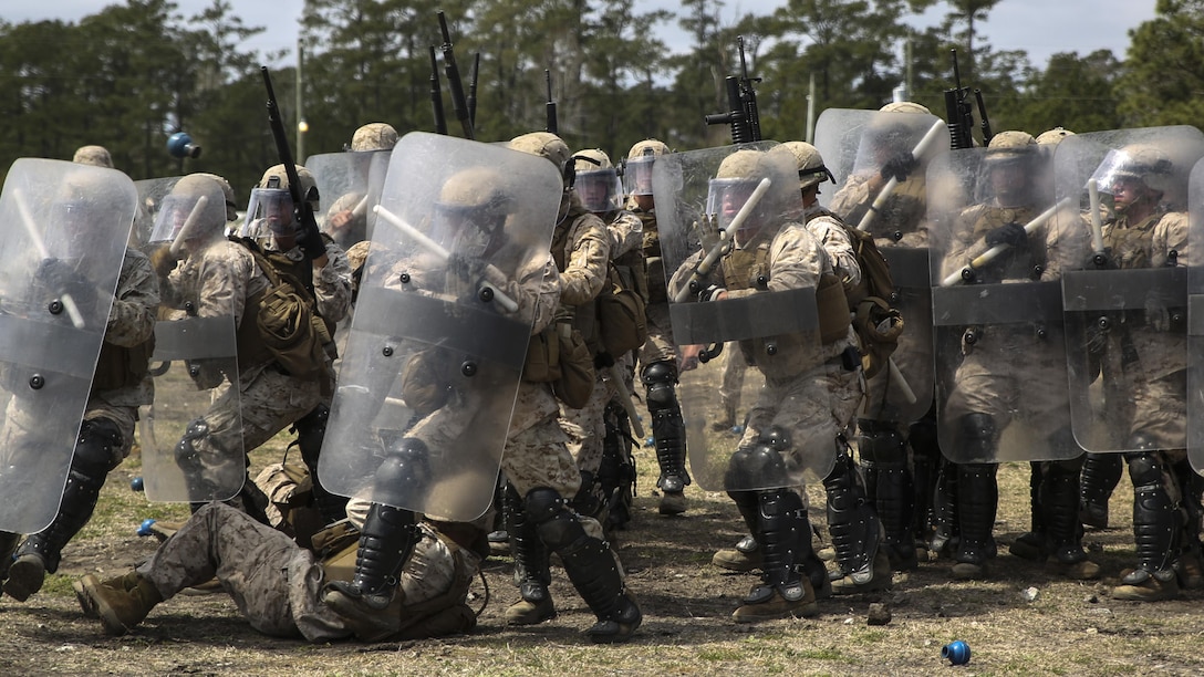 Marines with Battery and Golf Co., 2nd Battalion, 6th Marines, capture a role-playing enemy within the confines of their shields during a riot control exercise aboard Camp Lejeune, N.C., March 24, 2015. The Marines moved swiftly to pull the enemy back through their formation, then closed back up in a defensive position as one straight line of shields. 