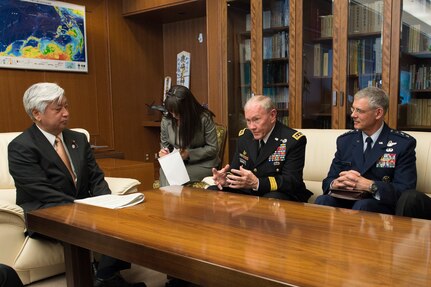 18th Chairman of the Joint Chiefs of Staff Gen. Martin E. Dempsey and Japan Minister of Defense Gen Nakatani, talk during a bi-lateral meeting with their senior staffs at the Ministry of Defense in Tokyo, March 25, 2015. Dempsey is visiting Japan as part of a two-day trip to reinforce the U.S.-Japan Alliance. 
