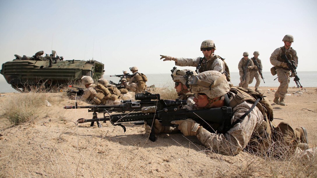 U.S. Marines with Kilo Company, Battalion Landing Team 3rd Battalion, 6th Marine Regiment, 24th Marine Expeditionary Unit, prepare to assault a simulated objective during Exercise Eagle Resolve 2015 with service members from Kuwait, Qatar, Turkey and Saudi Arabia at Failaka Island, Kuwait, March 23, 2015. 
Eagle Resolve is the premiere Arabian Peninsula/gulf region exercise among the United States, Gulf Cooperation Council nations, and international partners. It serves to address regional challenges associated with asymmetric/unconventional warfare in a multi-national environment. 