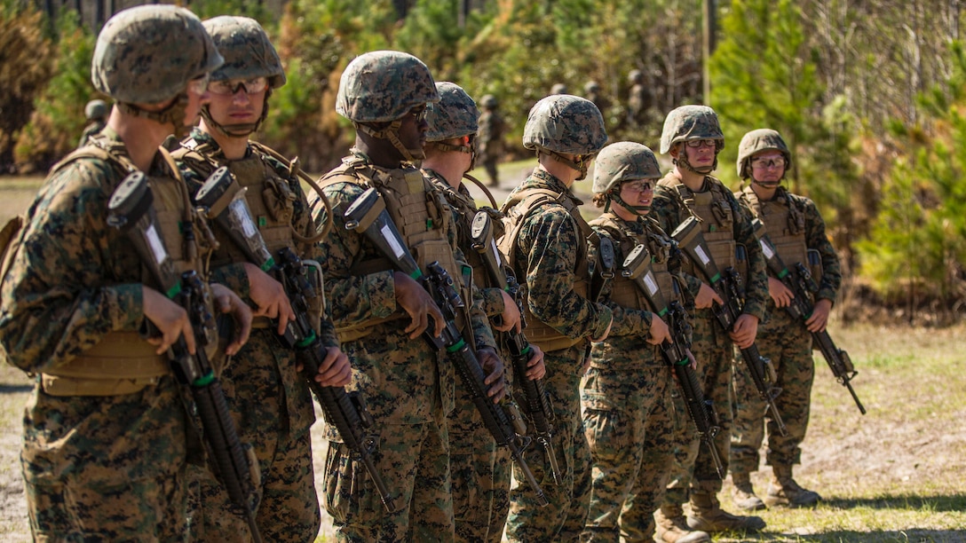 Marines with Kilo Company, Marine Combat Training Battalion prepare to start a fire and movement range aboard Camp Lejeune, N.C., March 24, 2015. The fire and movement range prepares Marines for situations they may face during a deployment. 