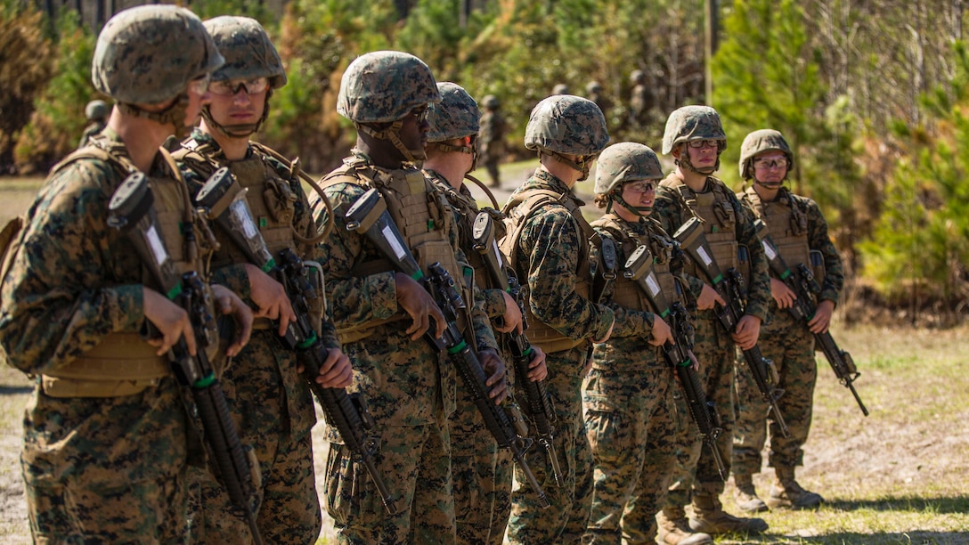 Marines with Kilo Company, Marine Combat Training Battalion prepare to start a fire and movement range aboard Camp Lejeune, N.C., March 24, 2015. The fire and movement range prepares Marines for situations they may face during a deployment. 