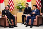 In this photo, 18th Chairman of the Joint Chiefs of Staff Gen. Martin E. Dempsey and Prime Minister of Japan Shinzō Abe talk during a bi-lateral meeting with their senior staffs at the Kantai in Tokyo, March 25, 2015. Dempsey is visiting Japan as part of a two-day trip to reinforce the U.S.-Japan Alliance. 